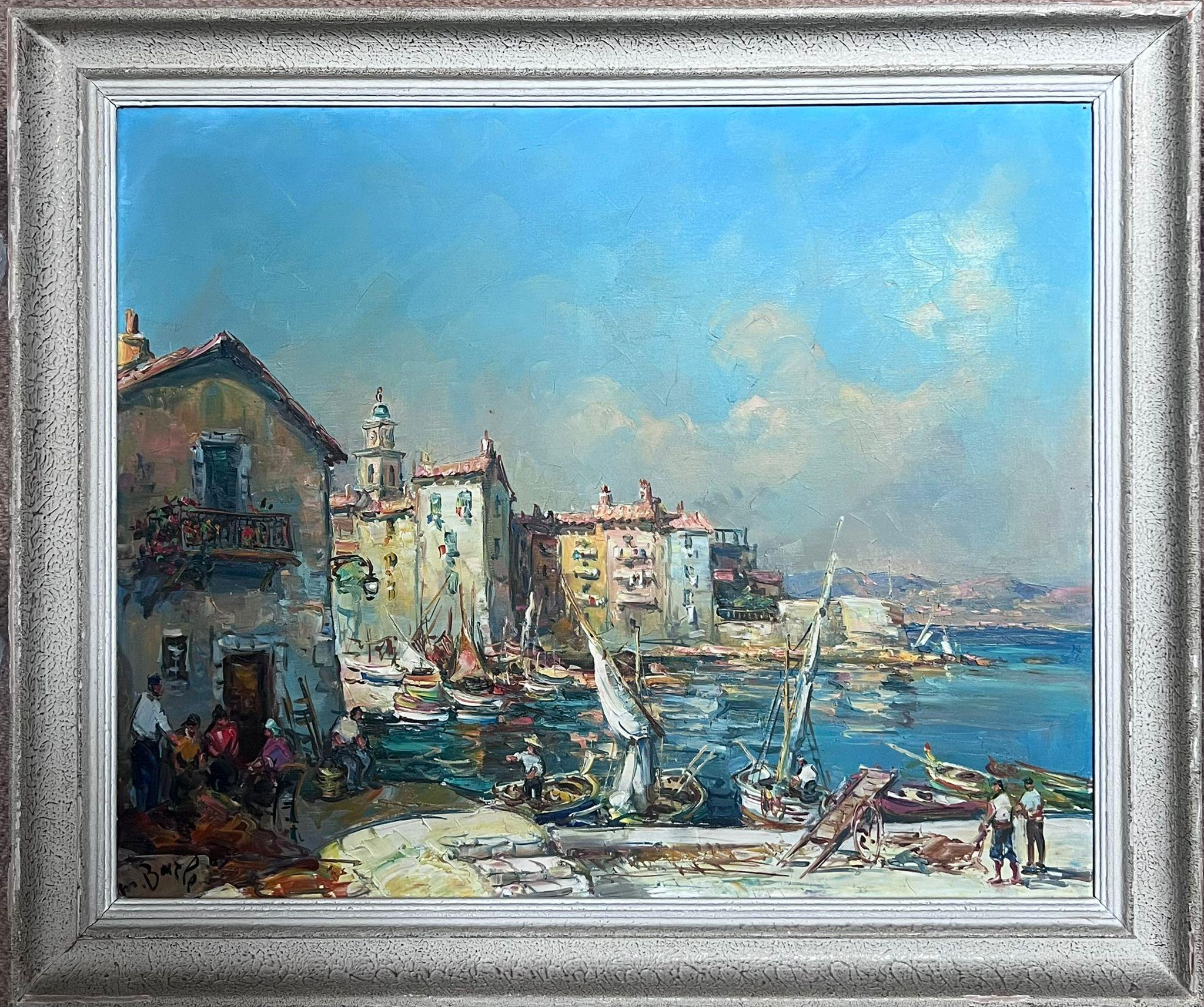 St Tropez Harbour Fishermen Tending Nets & Catch Signed Mid 20th Century Oil