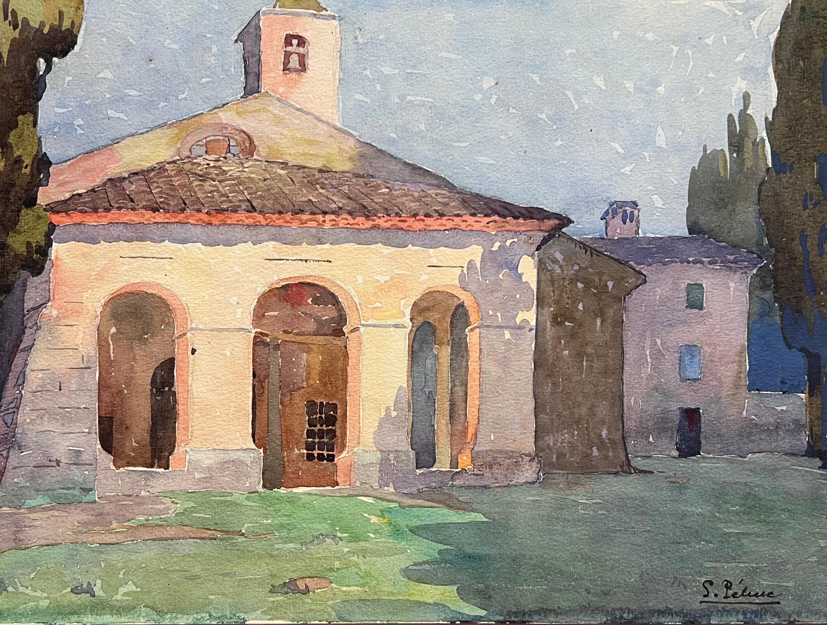 Capilla iluminada por el sol en la campiña provenzal Estudio de acuarela Antique French - Painting de French School