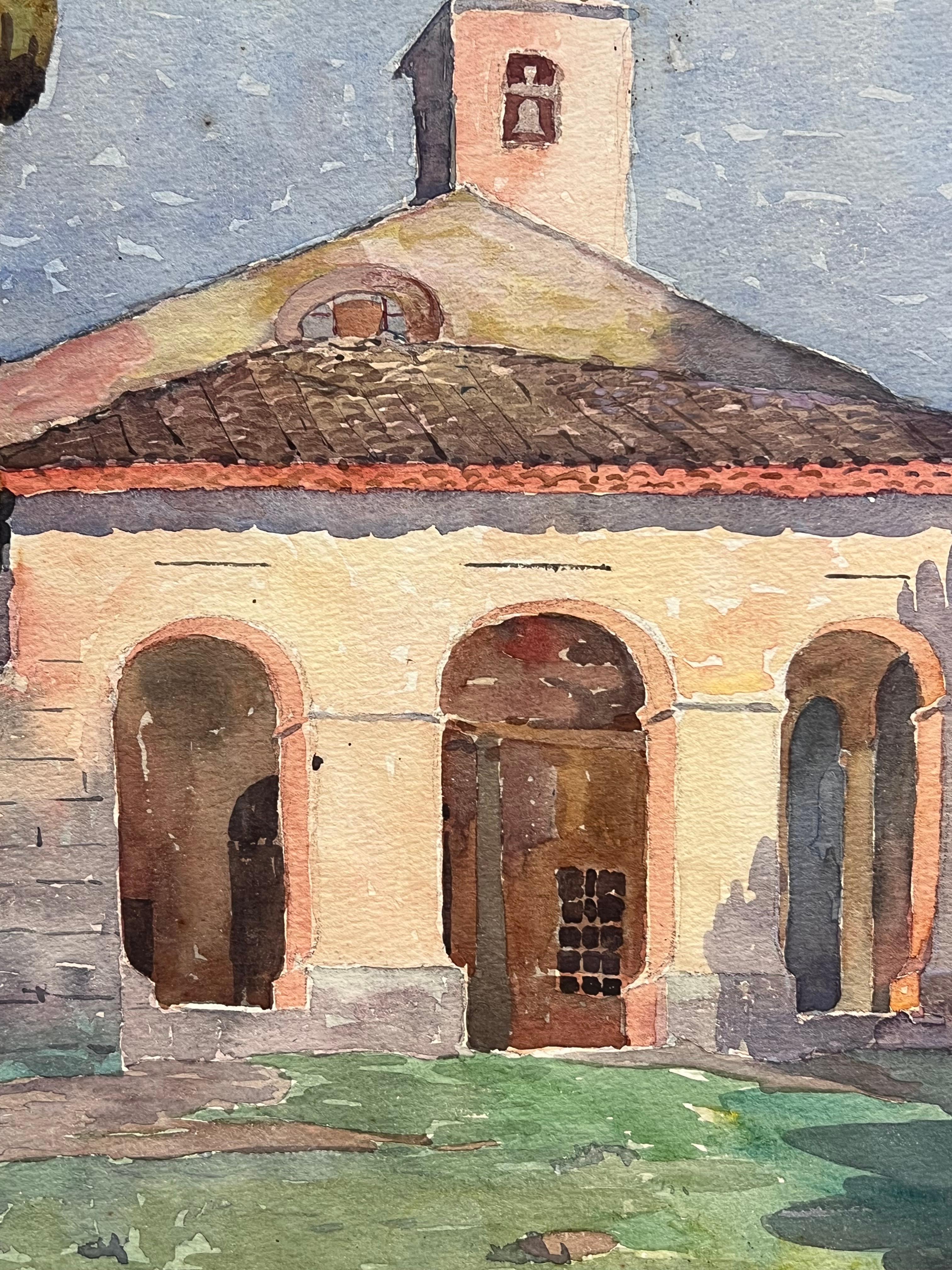 Capilla iluminada por el sol en la campiña provenzal Estudio de acuarela Antique French - Painting Impresionista de French School