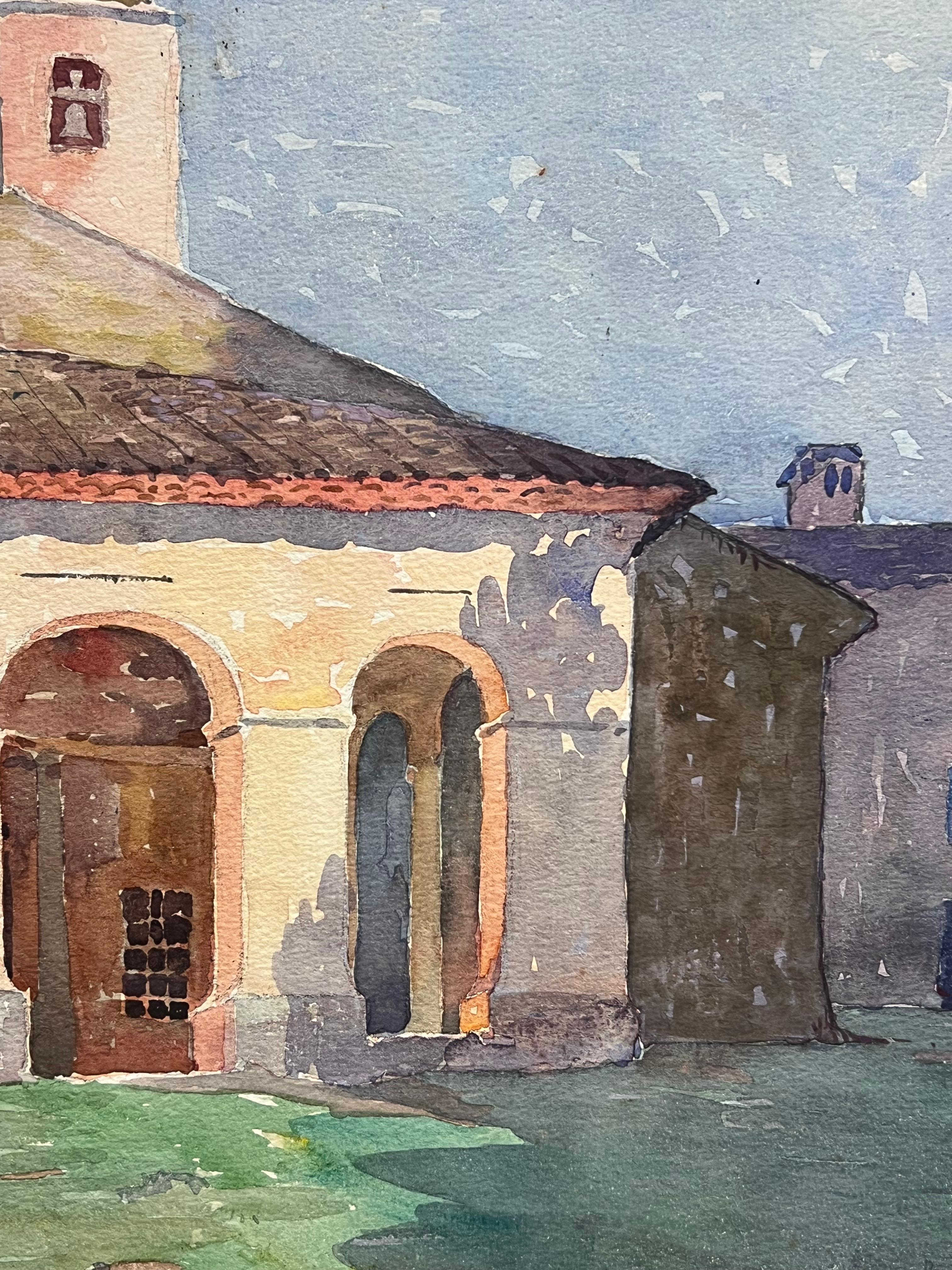 Capilla iluminada por el sol en la campiña provenzal Estudio de acuarela Antique French - Landscape Painting Marrón de French School