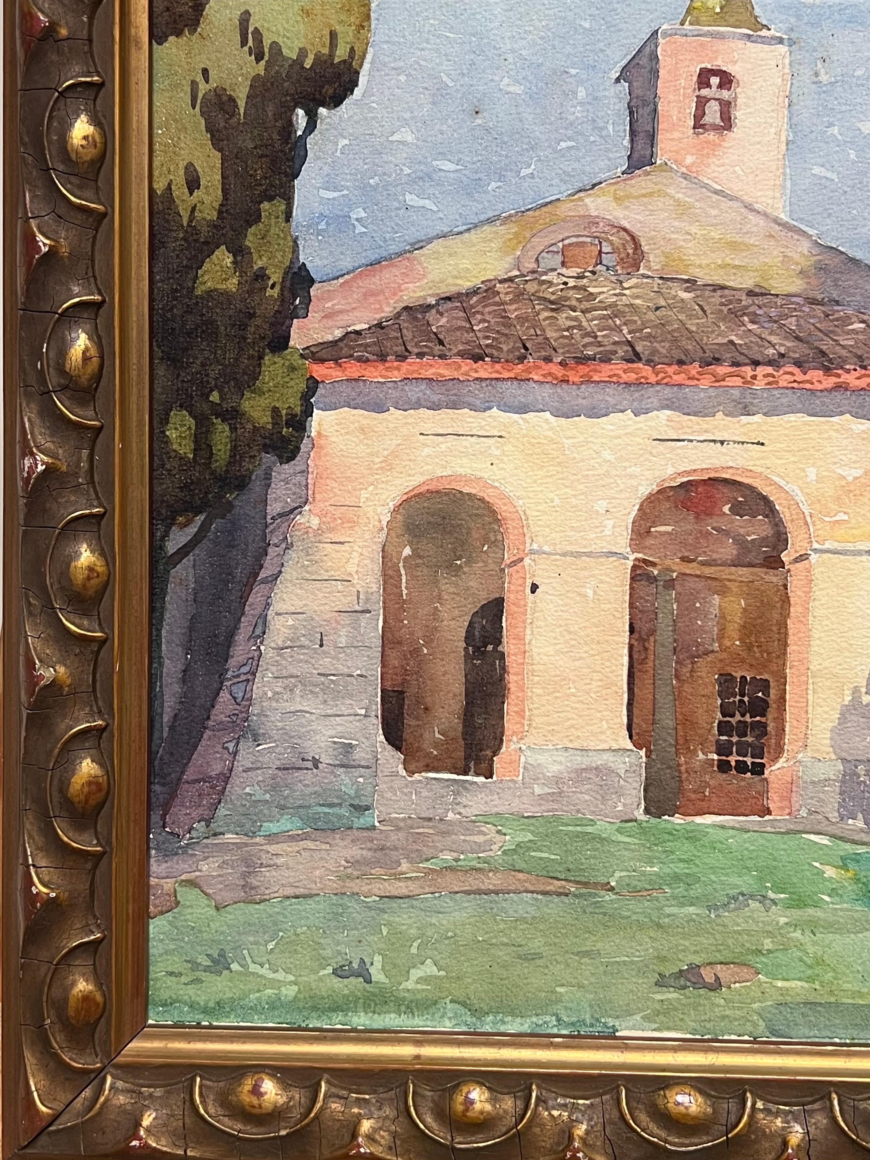 Capilla iluminada por el sol en la campiña provenzal Estudio de acuarela Antique French en venta 3