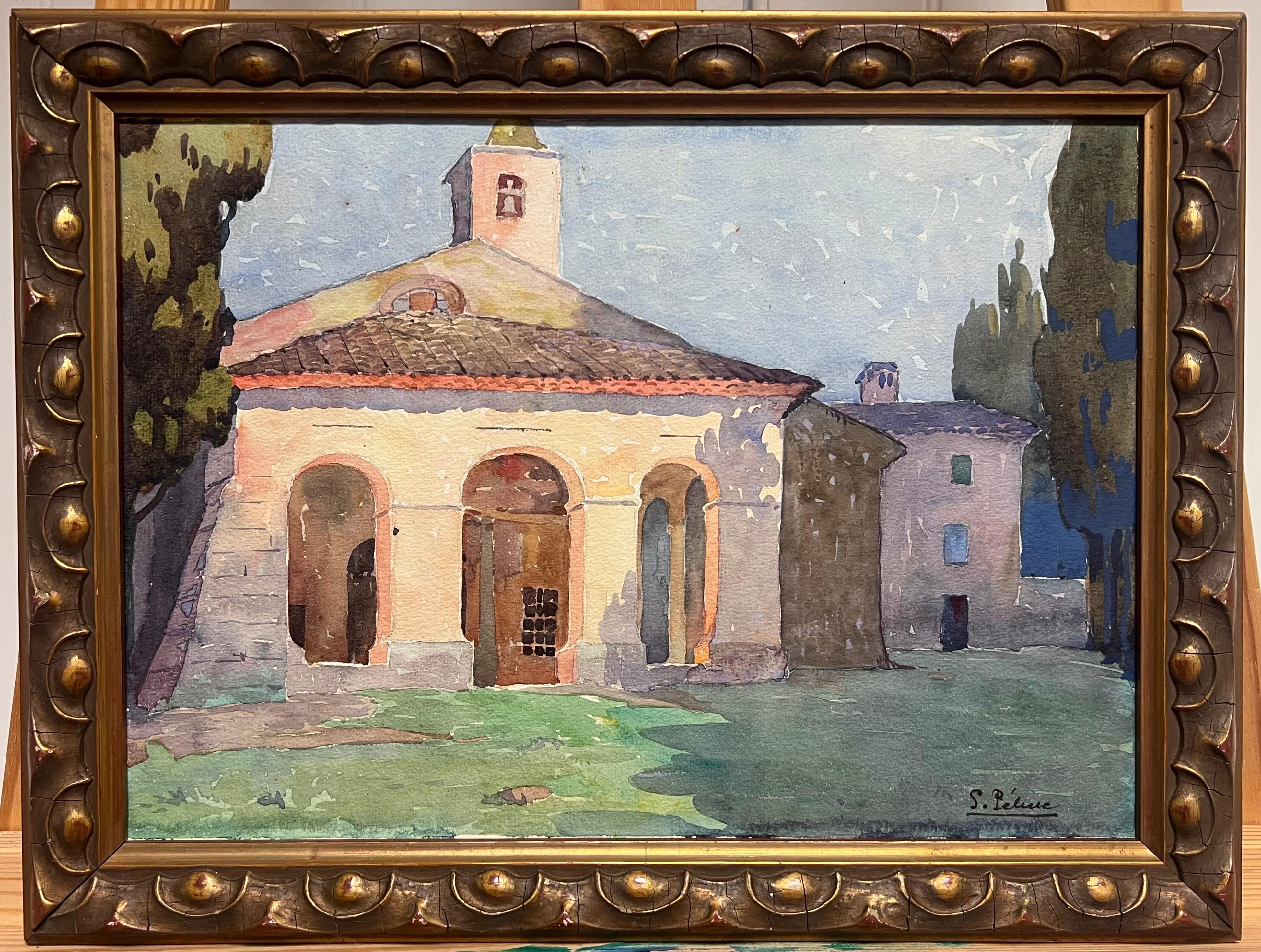 Landscape Painting de French School - Capilla iluminada por el sol en la campiña provenzal Estudio de acuarela Antique French