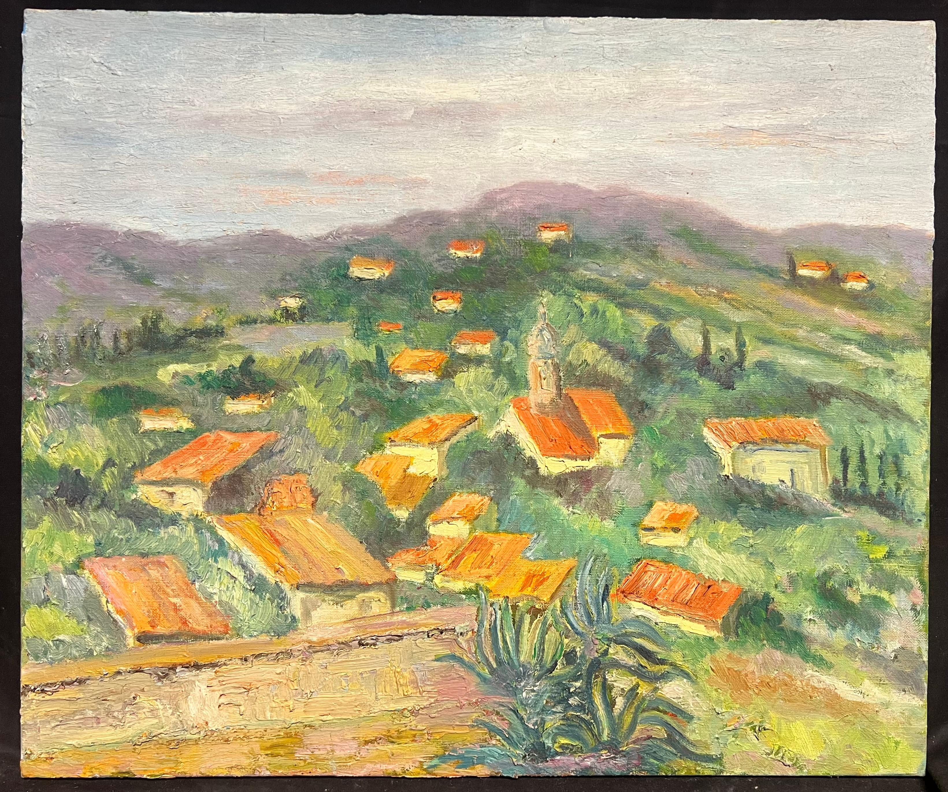 Sunlit Village Landscape Vibrant Impressionist Oil Painting Hillside Hamlet - Beige Landscape Painting by French School