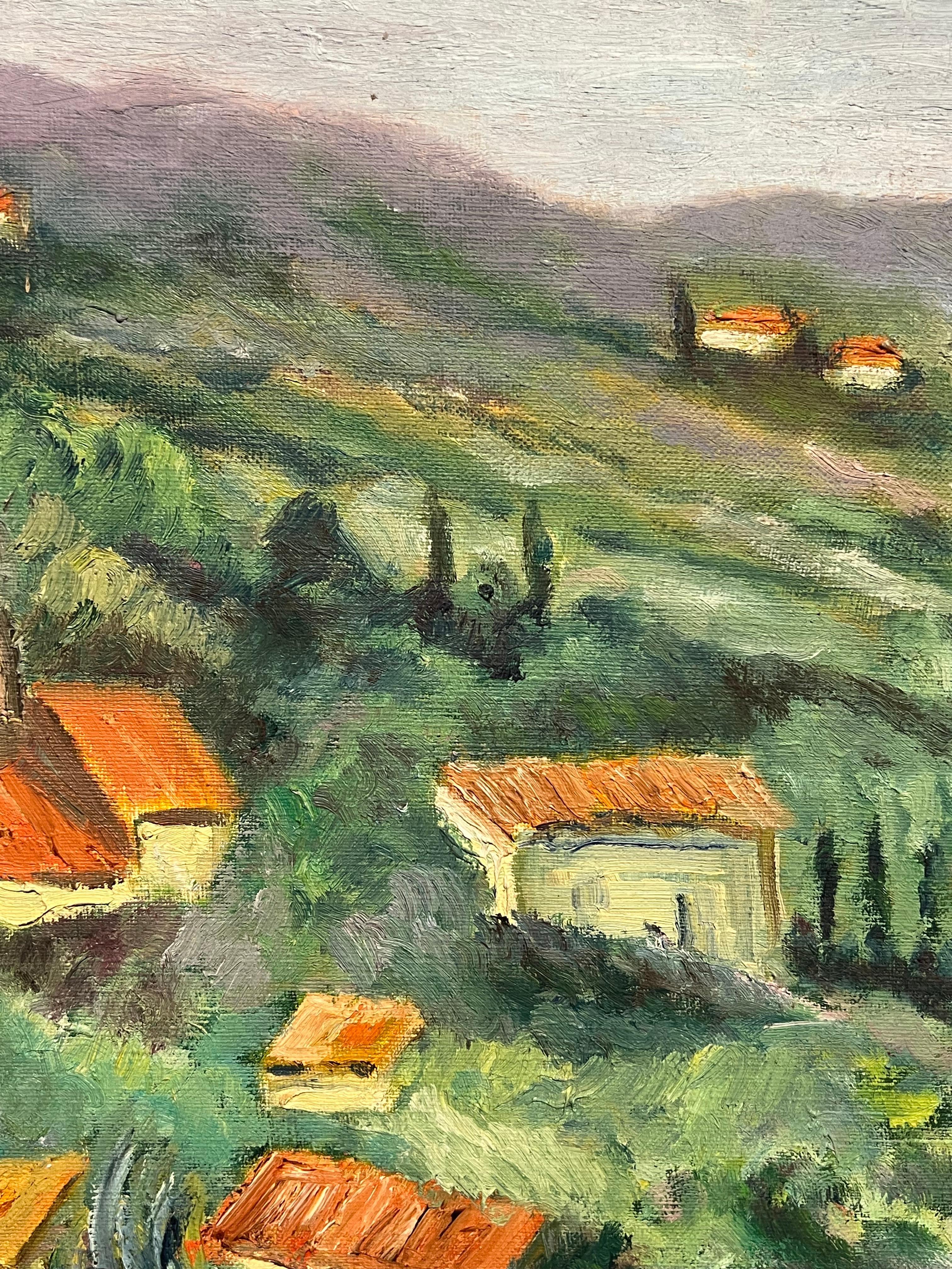 Sunlit Village Landscape
French School, 1970's
oil on canvas, unframed
Canvas : 18 x 22 inches
Provenance: private collection, Paris
Condition: very good condition

Description:
This charming impressionist oil painting captures a vibrant hillside