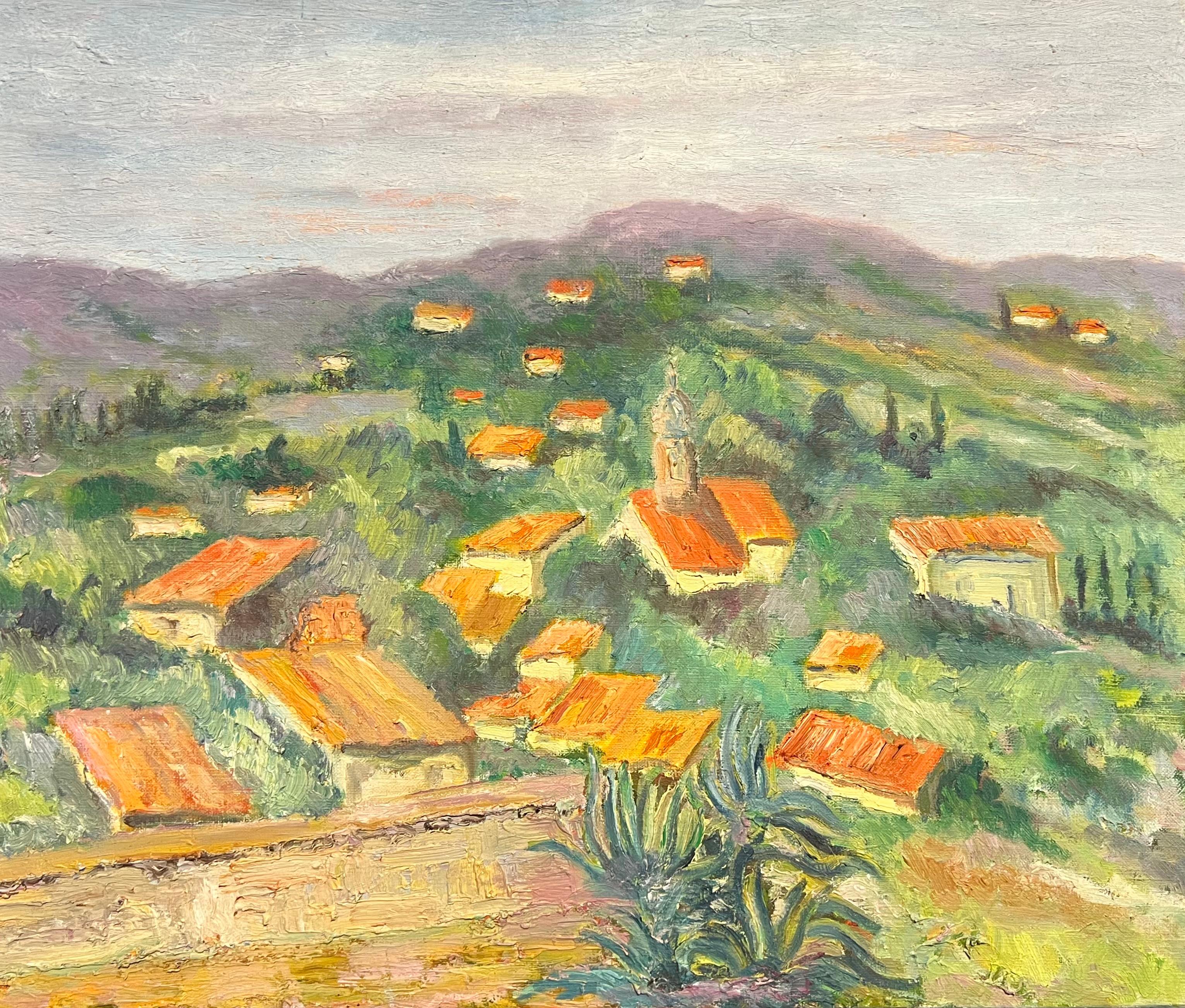 French School Landscape Painting - Sunlit Village Landscape Vibrant Impressionist Oil Painting Hillside Hamlet