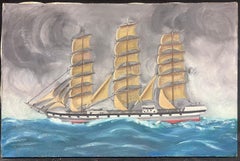 Tall Three Masted Classic Sailing Ship at Sea Vintage French Oil Painting