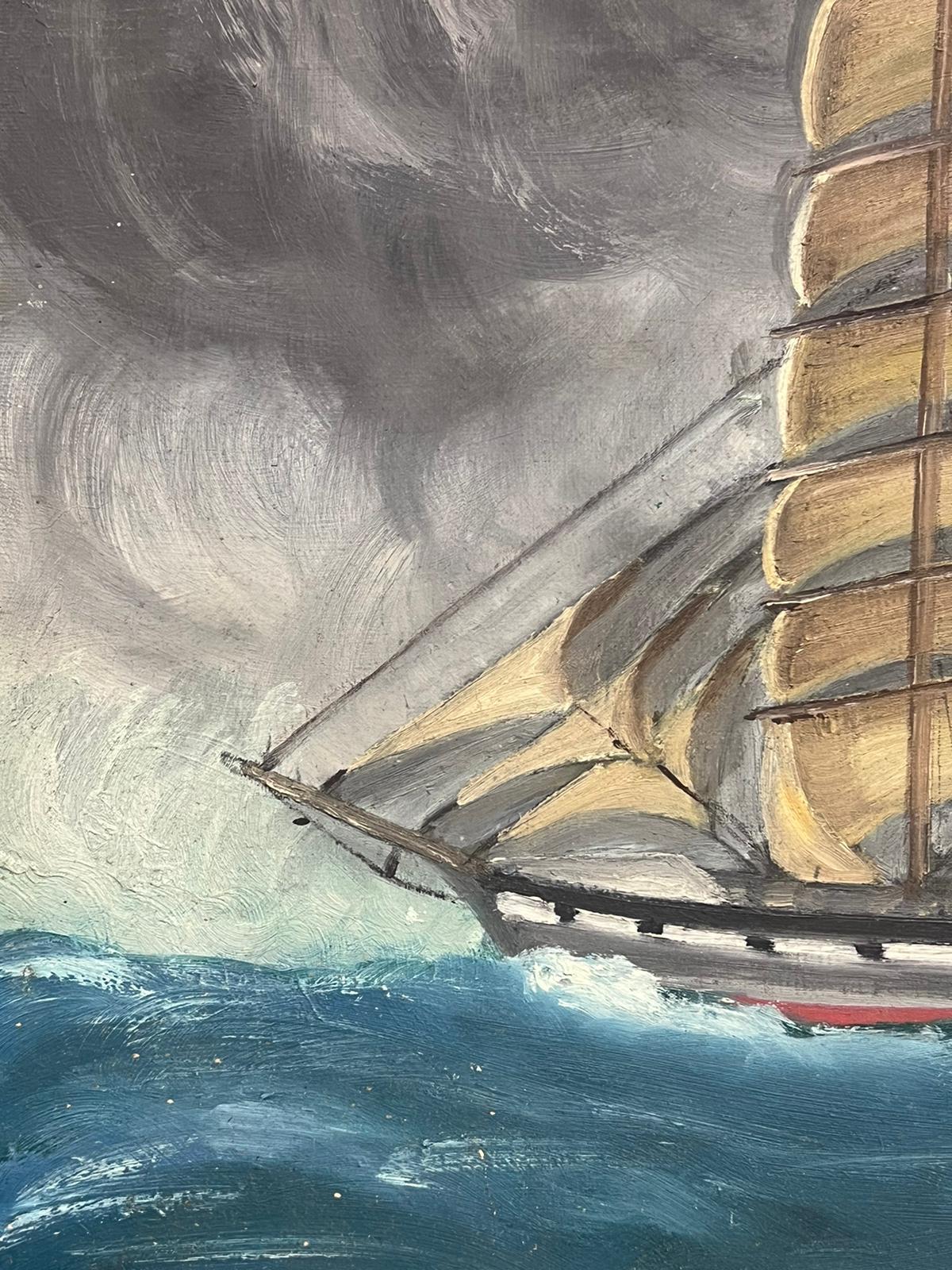 Grand trois-mâts classique en mer Peinture à l'huile française d'époque - École française Painting par French School