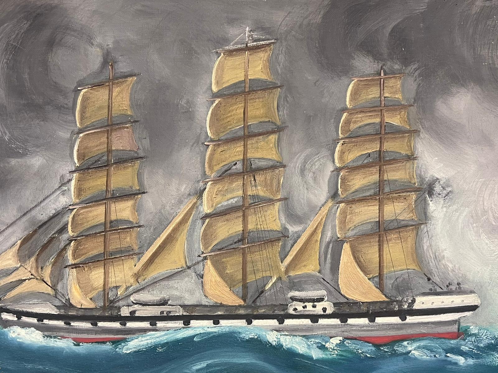 Tall Three Masted Classic Sailing Ship at Sea Vintage French Oil Painting For Sale 4