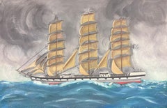 Tall Three Masted Classic Sailing Ship at Sea Retro French Oil Painting