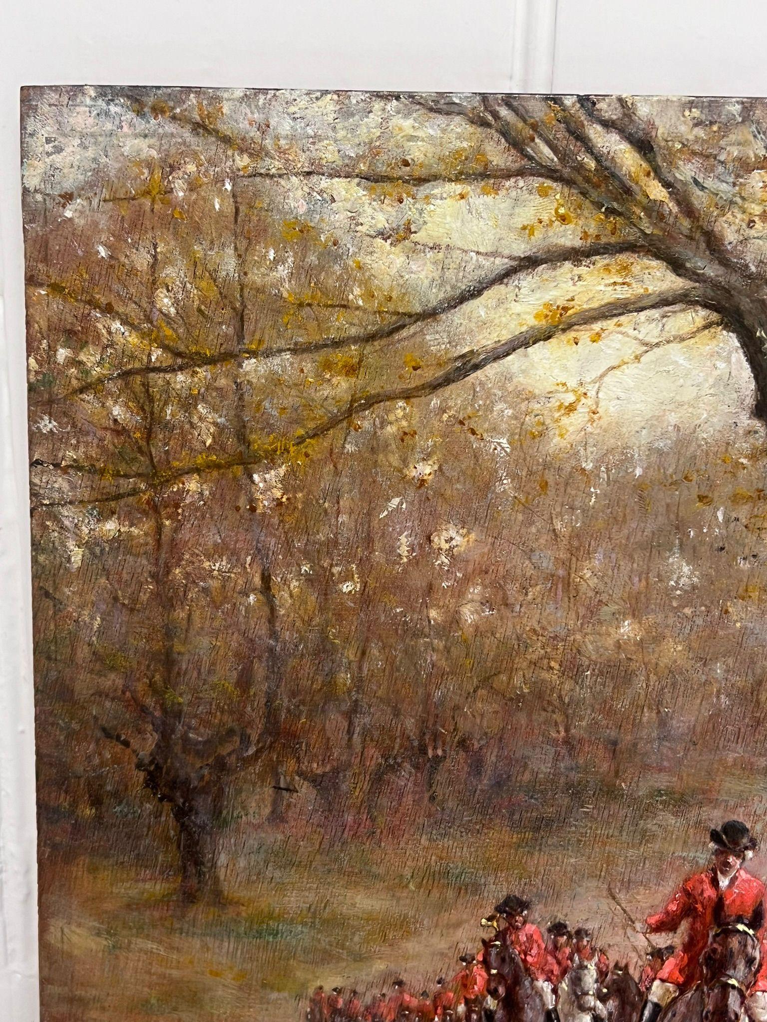Tally Ho! Huntsman & Hounds Hunting through Woodlands Signed Antique Oil Paint - Brown Animal Painting by French School