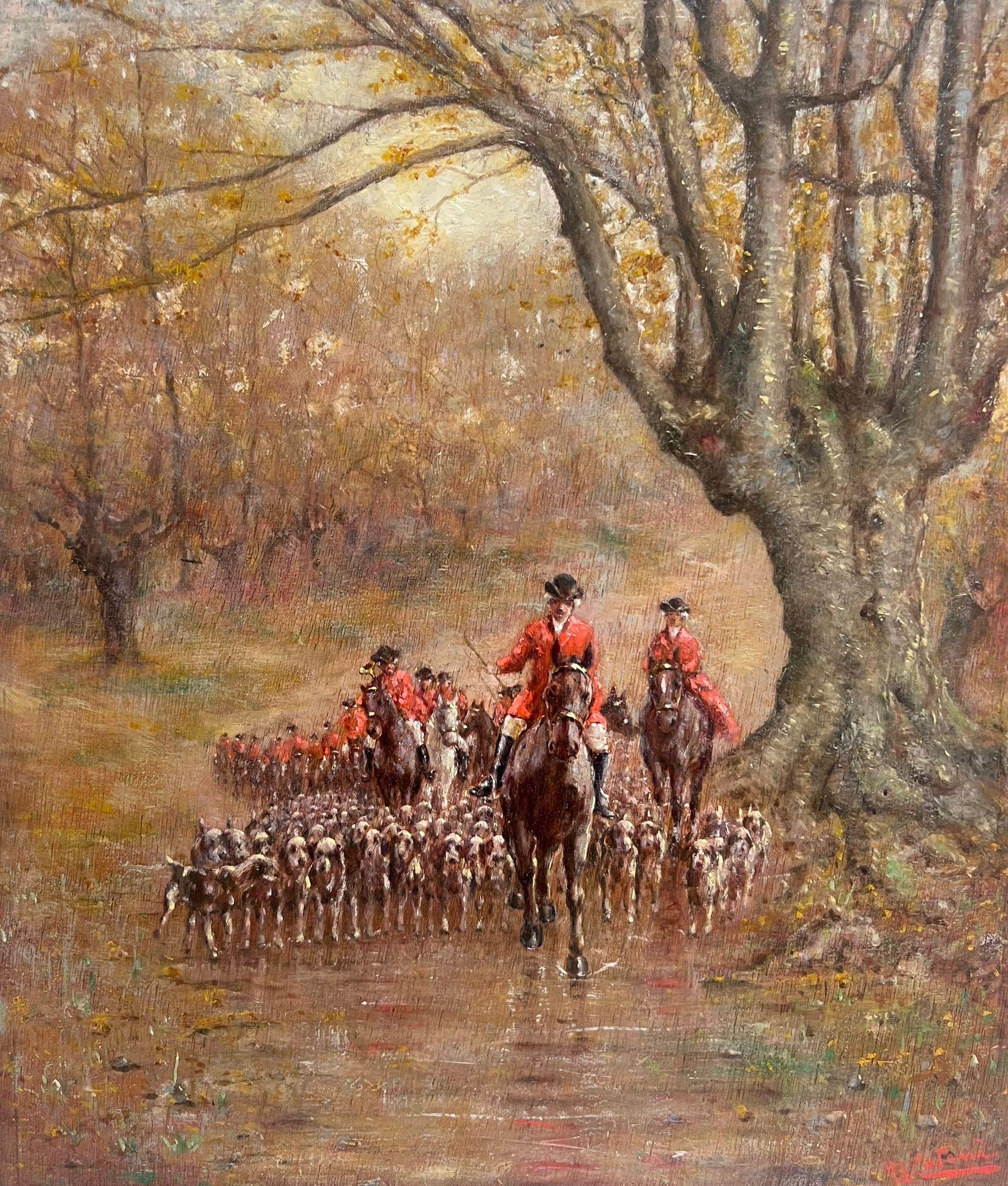 French School Animal Painting - Tally Ho! Huntsman & Hounds Hunting through Woodlands Signed Antique Oil Paint