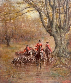 Tally Ho ! Peinture à l'huile ancienne signée Huntsman & Hounds Hunting through Woodlands