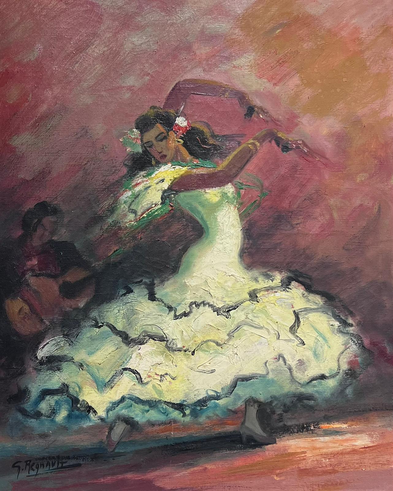 La ballerina di flamenco Vintage French Signed Oil Painting Telaio originale - Figurative Painting Grigio di French School