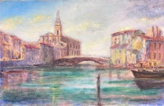 Antikes französisches/italienisches impressionistisches signiertes Ölgemälde „Der große Kanal von Venedig“