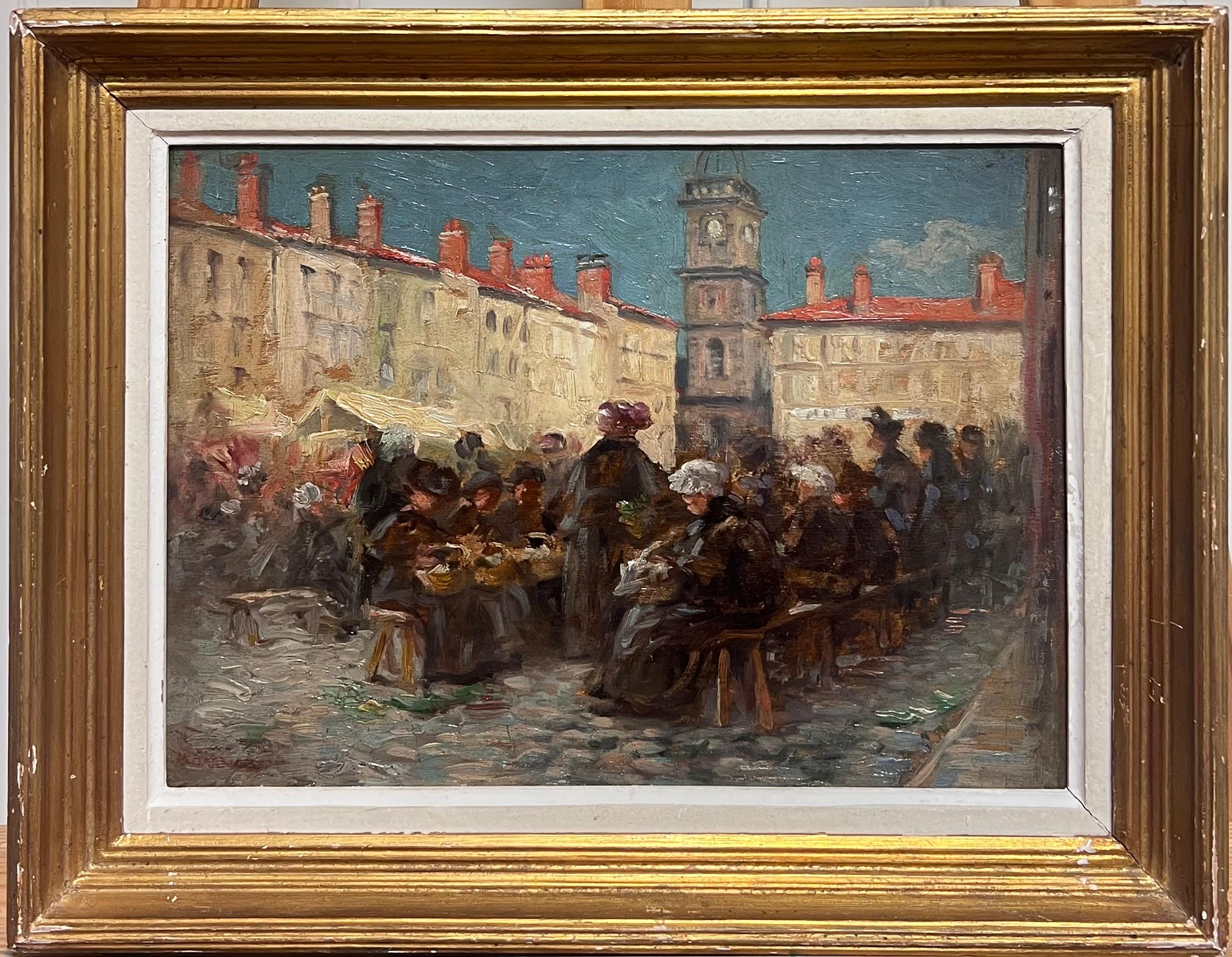 La piazza del mercato di Aix En Provence, Impressionista francese del 1900, figure in movimento - Painting di French School