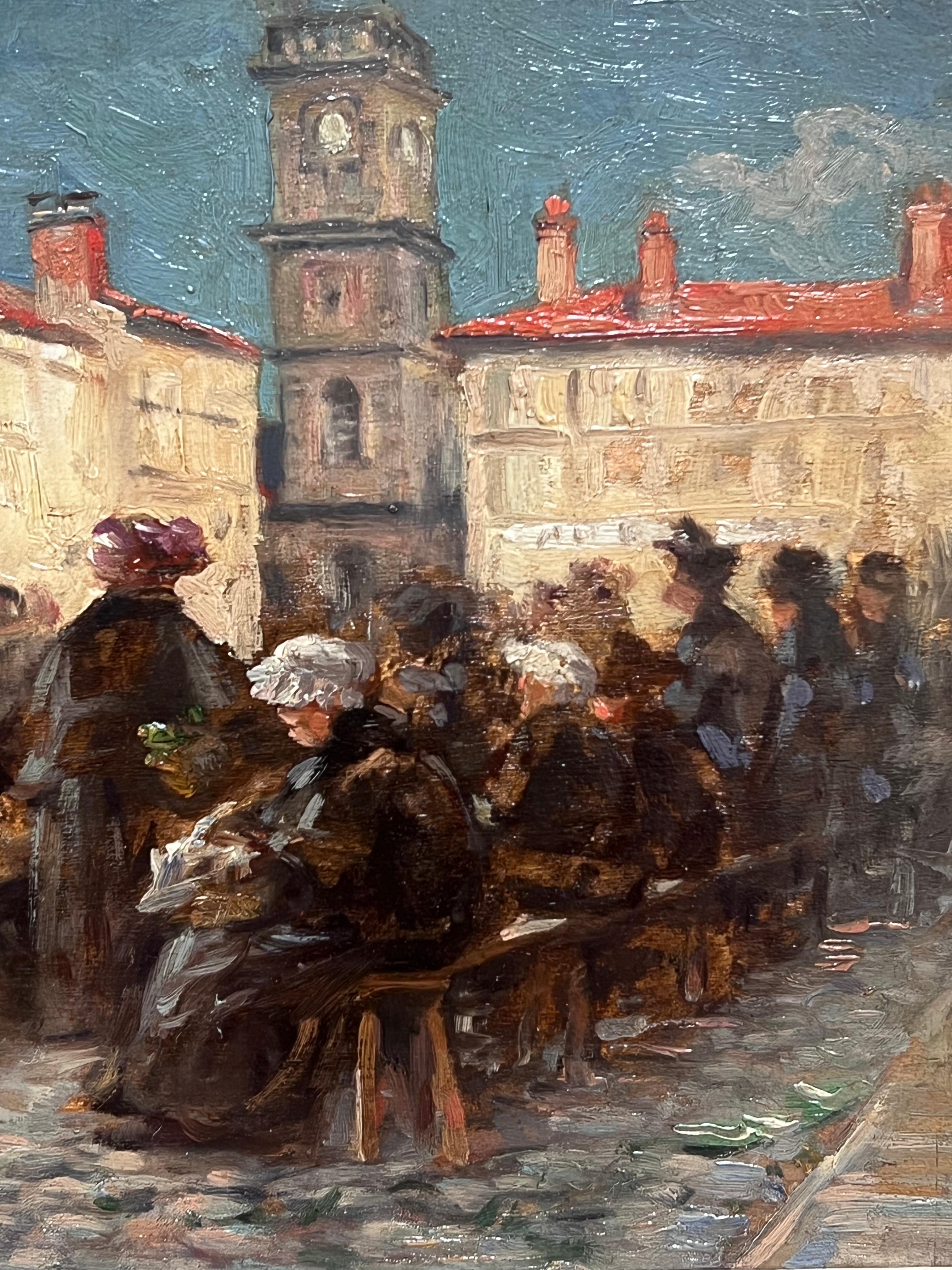 La piazza del mercato di Aix En Provence, Impressionista francese del 1900, figure in movimento - Figurative Painting Nero di French School