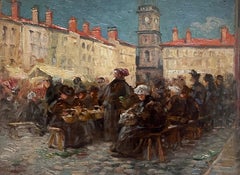 Antique The Market Square Aix En Provence, 1900's French Impressionist Bustling Figures