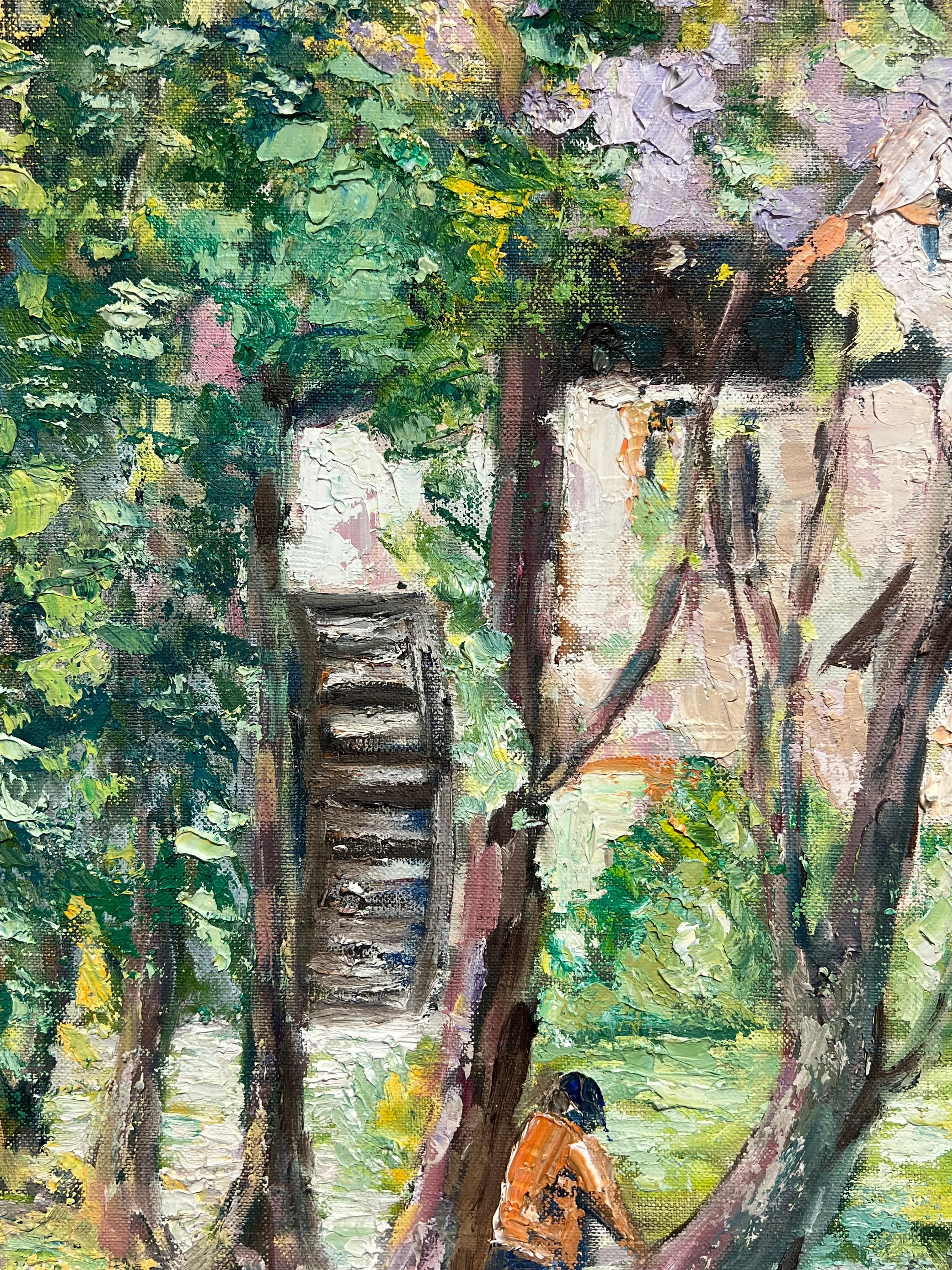 Figura al óleo postimpresionista francesa pintada al Impasto por Watermill - Landscape Painting Beige de French School