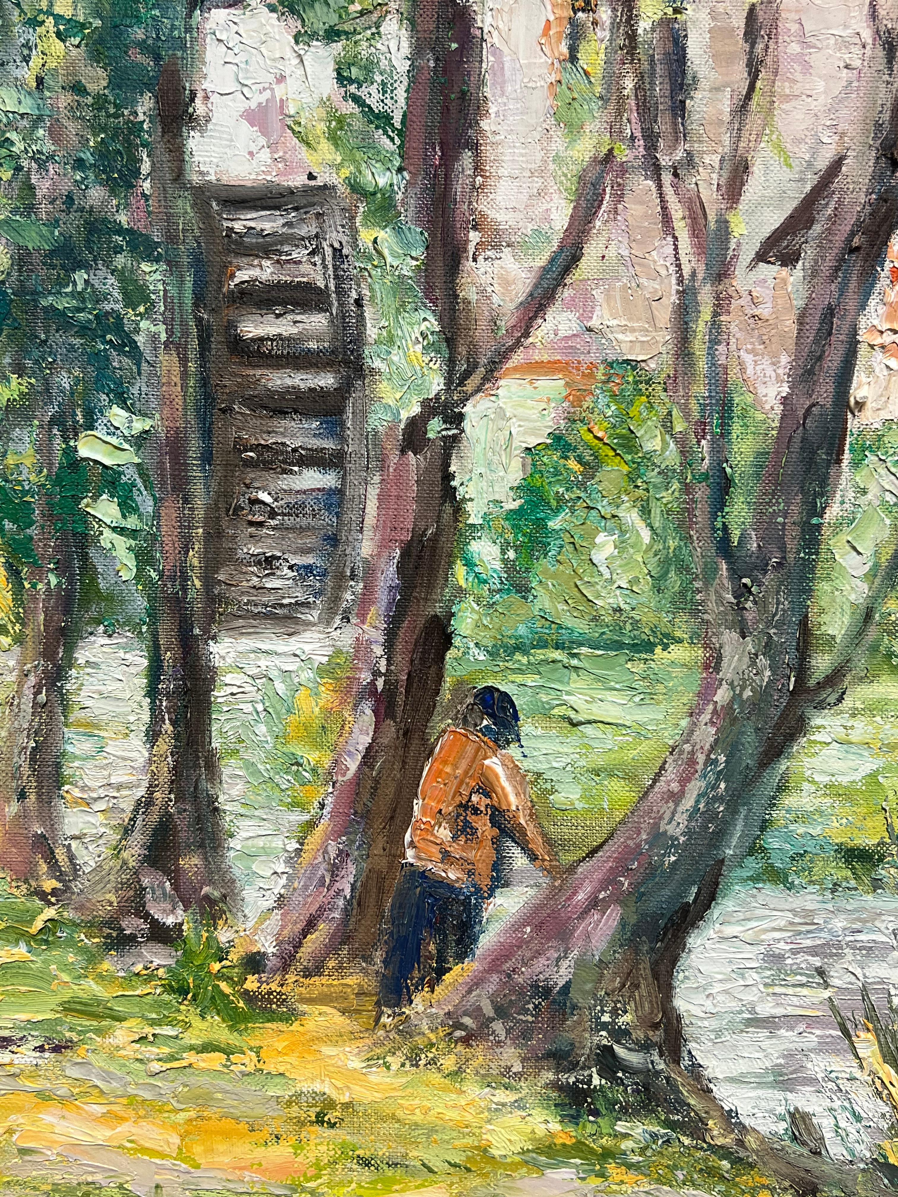 Pescador por Molino de agua francés
por J. Bredeche
óleo sobre lienzo, sin enmarcar
Lienzo : 20 x 24 pulgadas
Procedencia: colección privada, París
Estado: muy buen estado

Descripción:
Este hermoso óleo impresionista capta una tranquila escena