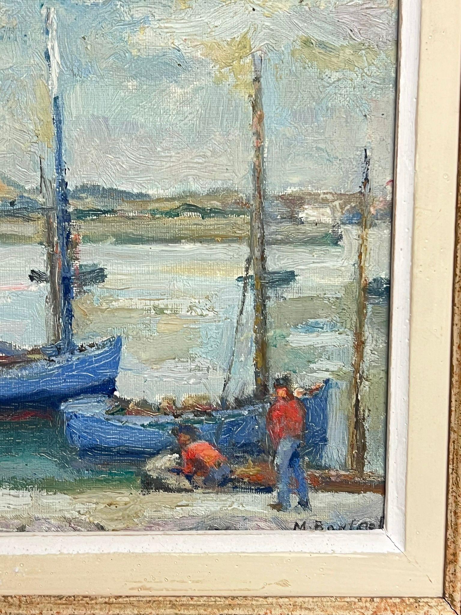 Tranquillo mattino costiero con barche da pesca Porto di Francia Pittura ad olio del 1930 - Figurative Painting Marrone di French School