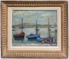 Peinture à l'huile du matin côtier Tranquil avec bateaux de pêche du port français des années 1930