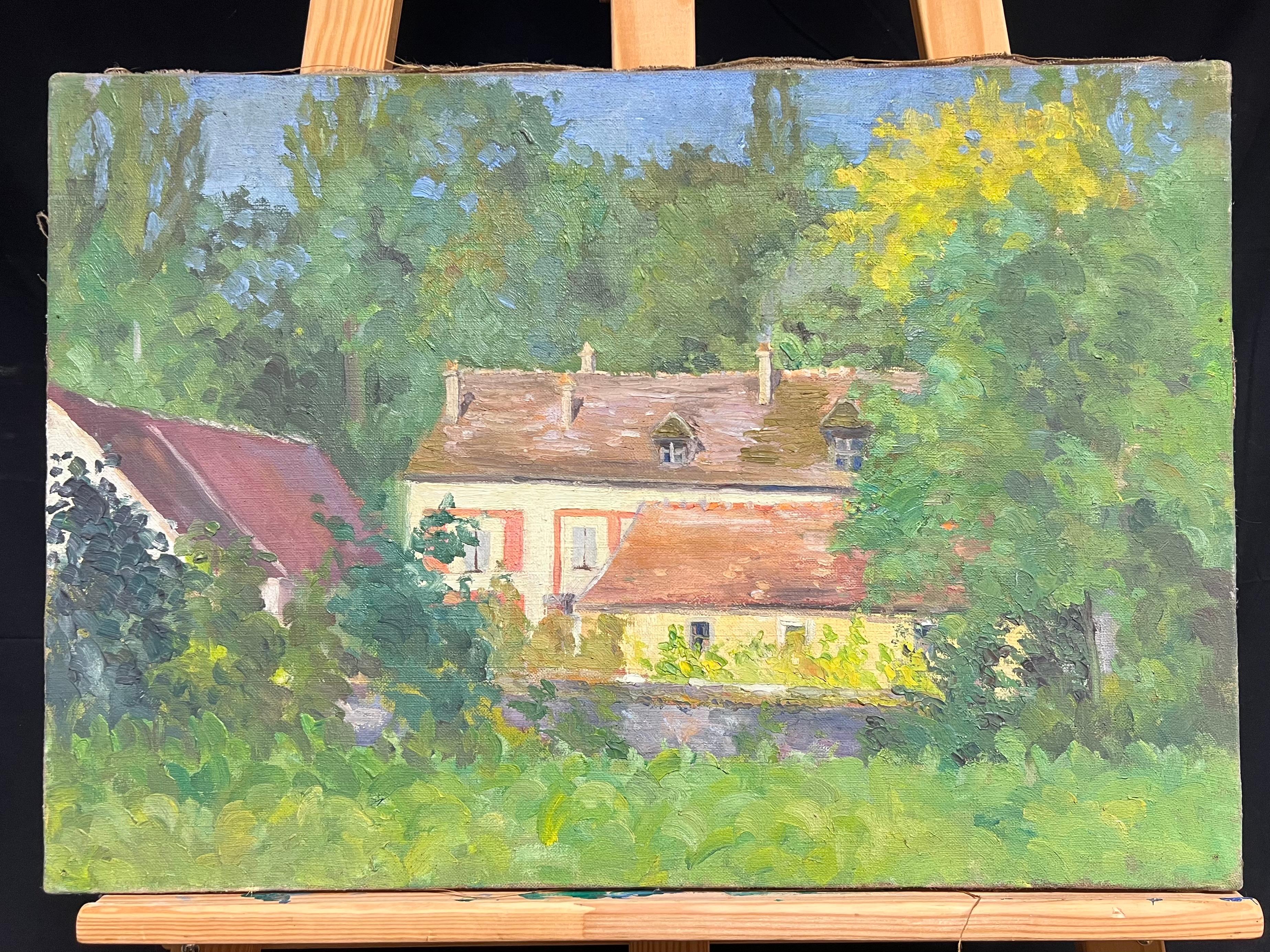 Tranquil Französisches Landhaus, umgeben von üppigem Grün, Mitte des 20. Jahrhunderts, Öl – Painting von French School