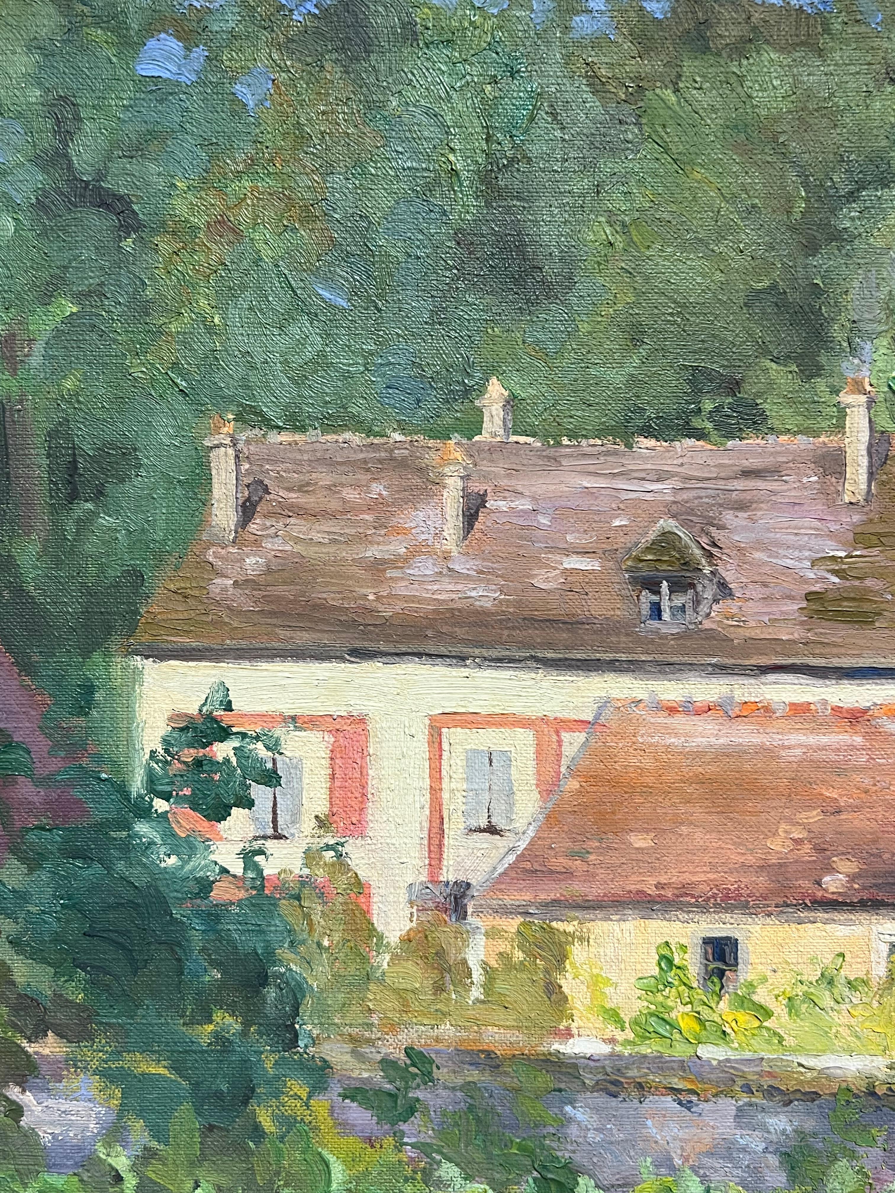 Tranquil Französisches Landhaus, umgeben von üppigem Grün, Mitte des 20. Jahrhunderts, Öl (Grau), Landscape Painting, von French School
