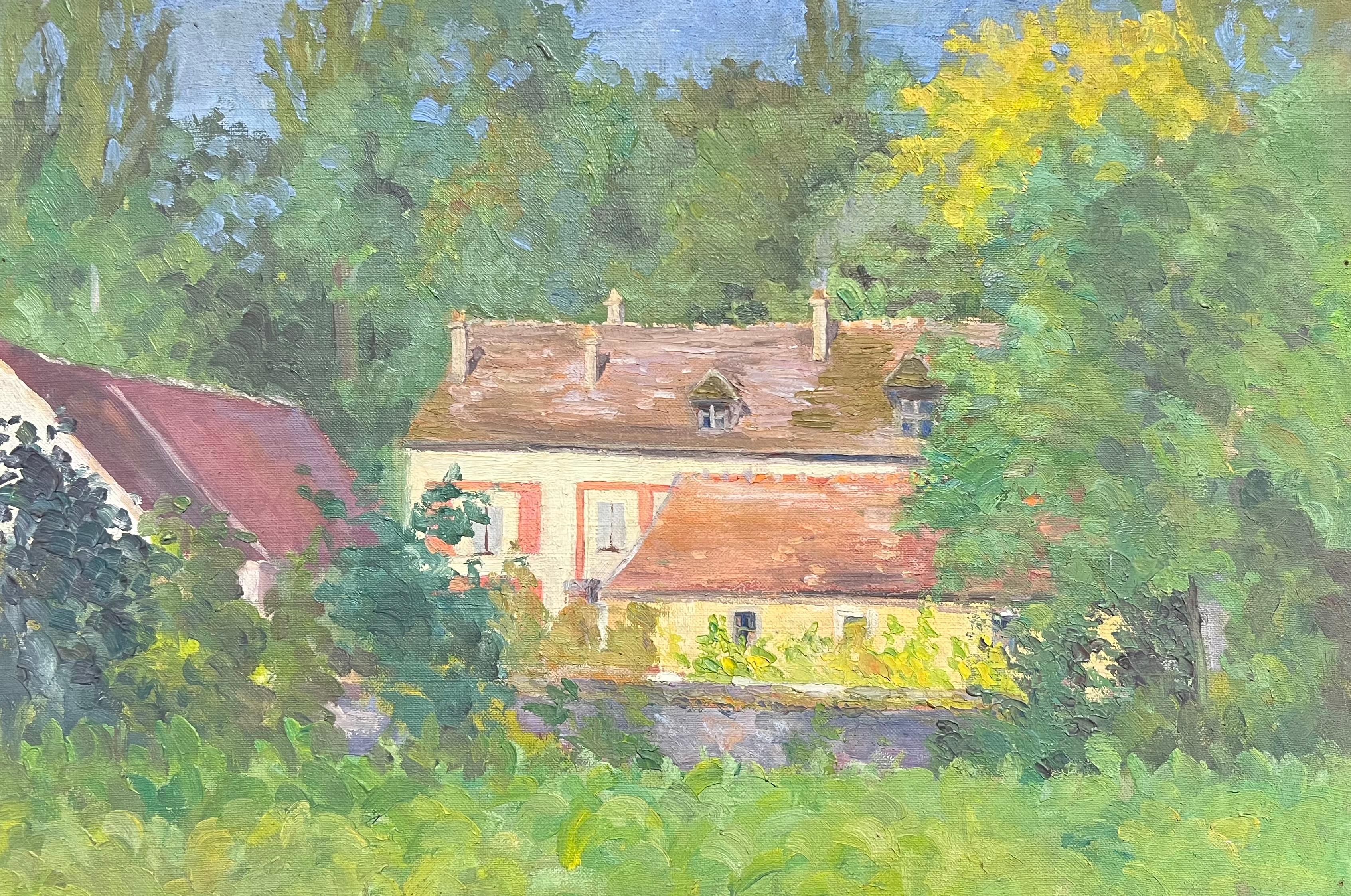 Tranquil Französisches Landhaus, umgeben von üppigem Grün, Mitte des 20. Jahrhunderts, Öl