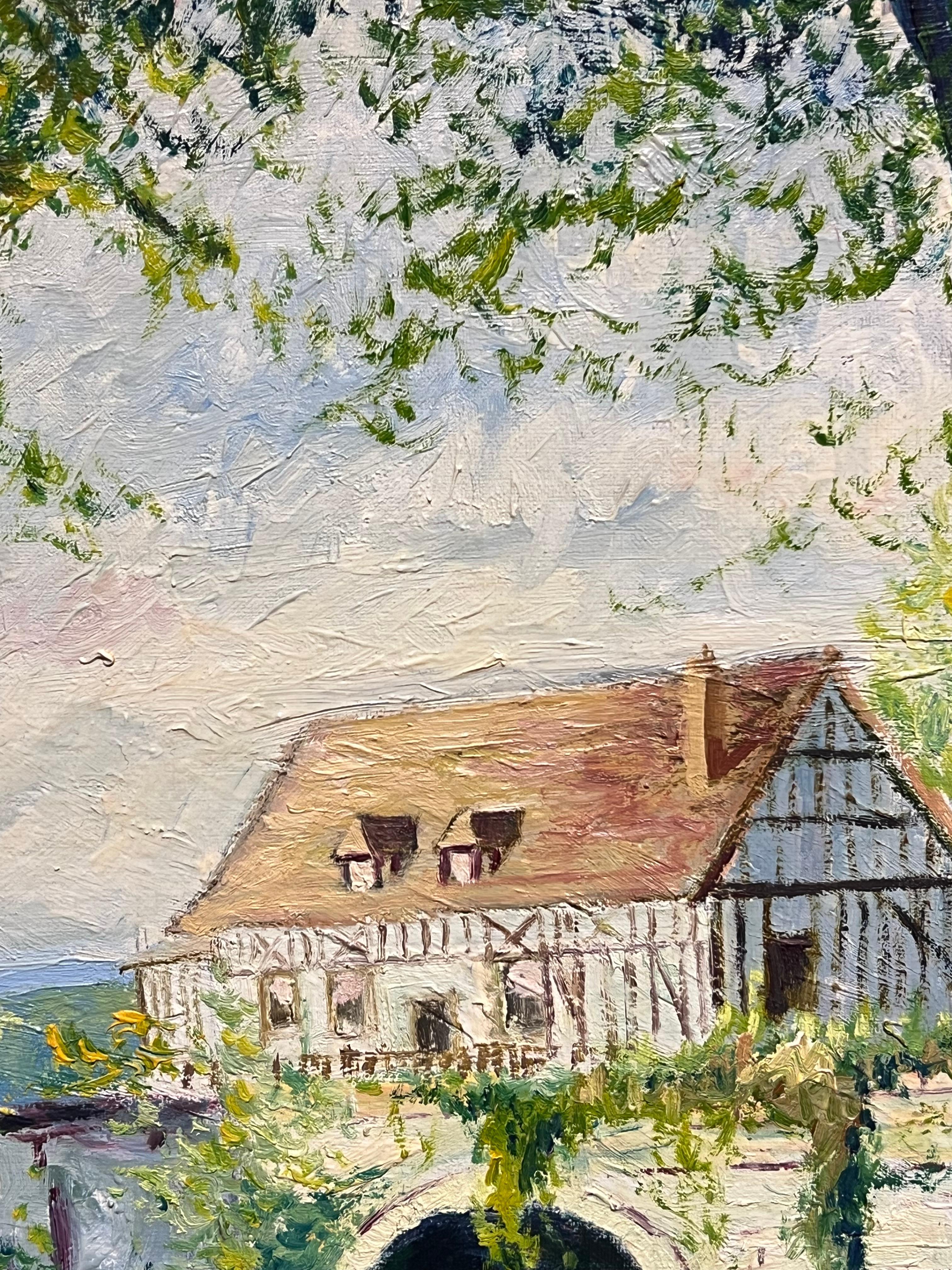 Tranquilo paisaje normando del río Sena en Vernon, cerca de Giverny Óleo impresionista - Landscape Painting Marrón de French School