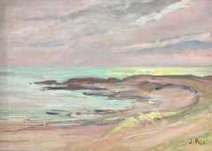 Paysage marin paisible 20e siècle  Peinture à l'huile impressionniste française signée Turquoise