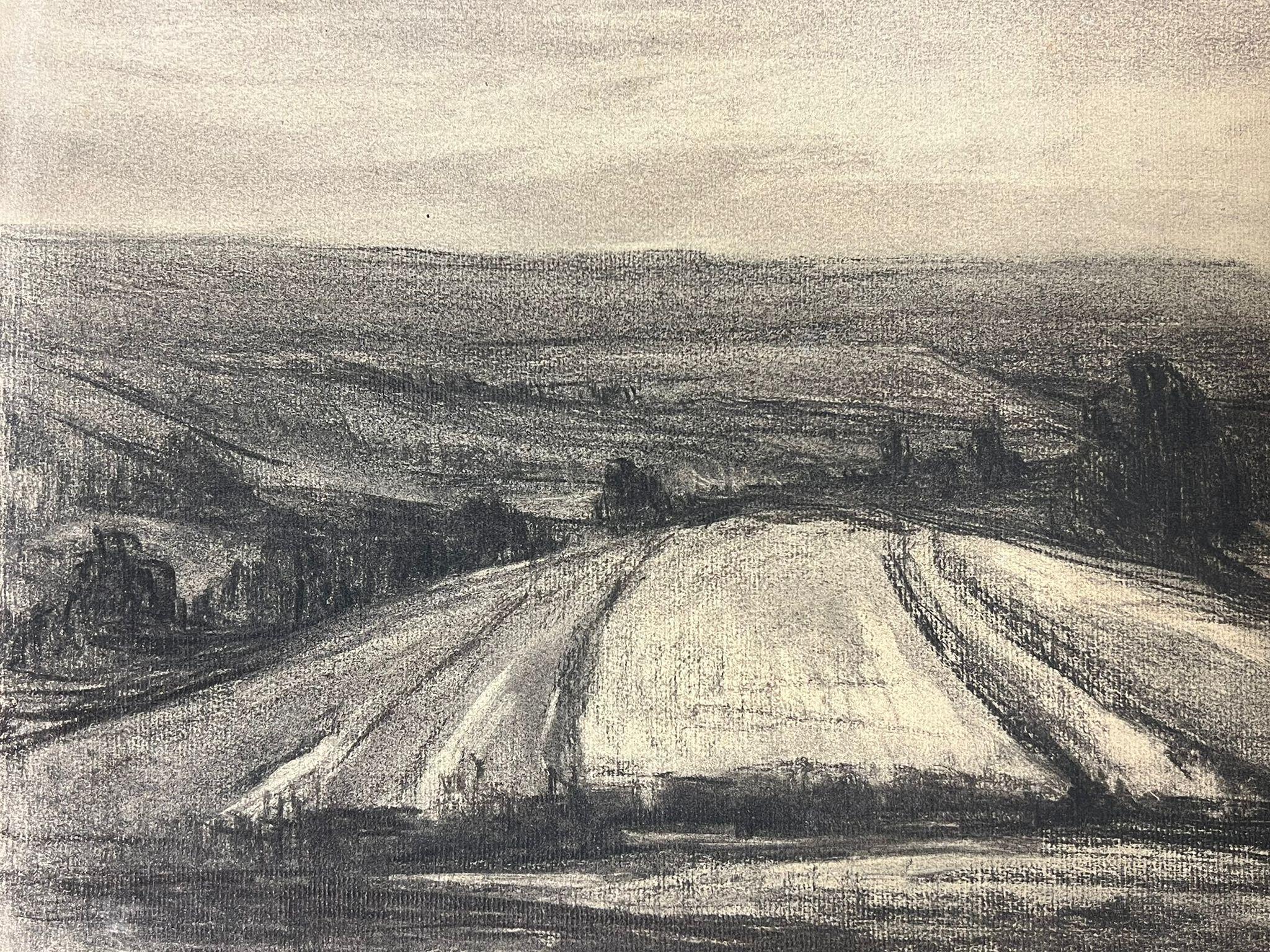 Vasta vista di campagna Schizzo di paesaggio a carboncino con campi ondulati e colline lontane - Painting Impressionismo di French School