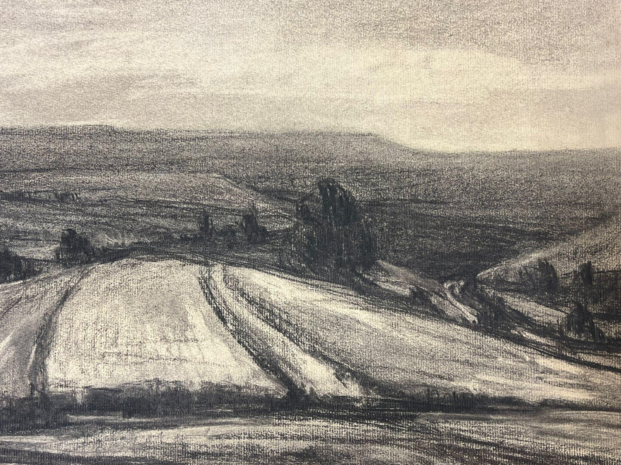 Vasta vista di campagna Schizzo di paesaggio a carboncino con campi ondulati e colline lontane - Landscape Painting Marrone di French School