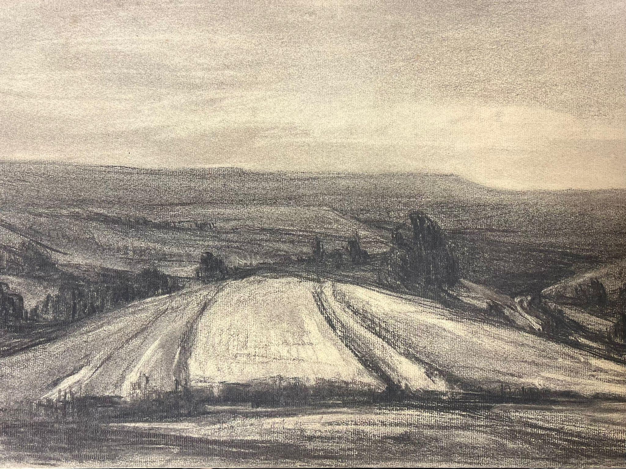 Landscape Painting di French School - Vasta vista di campagna Schizzo di paesaggio a carboncino con campi ondulati e colline lontane