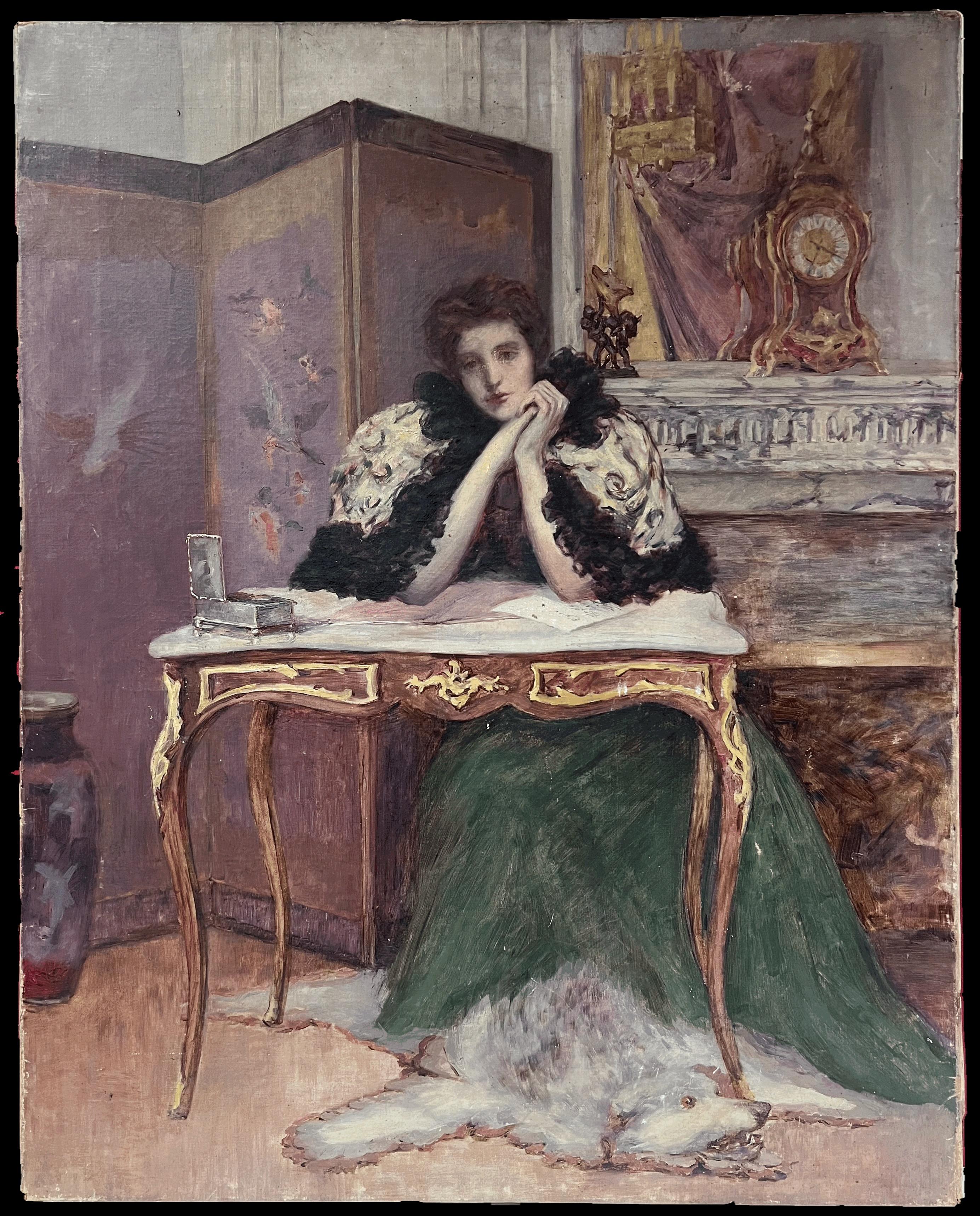 Muy Fino Retrato de Dama en Interior de la Época de la French Belle Epoque del Siglo XIX - Painting de French School