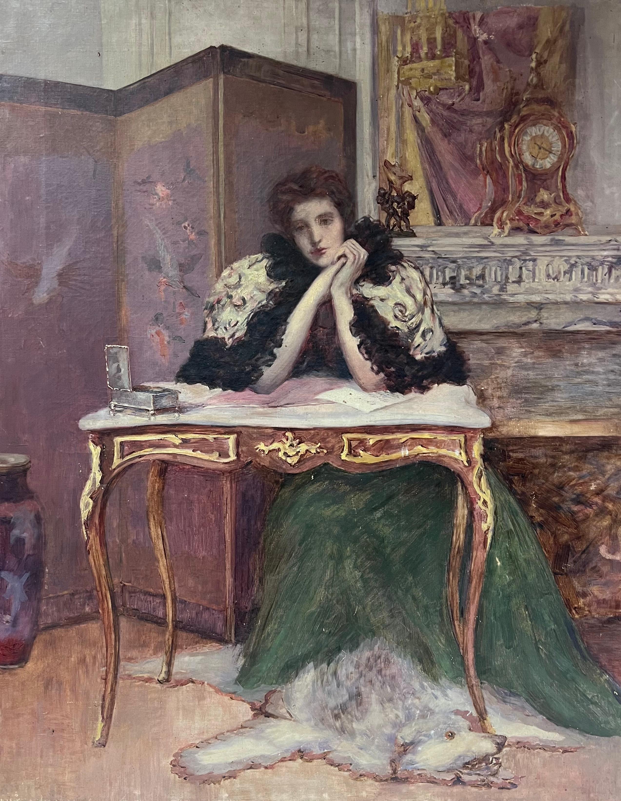 Muy Fino Retrato de Dama en Interior de la Época de la French Belle Epoque del Siglo XIX - Painting Escuela francesa de French School