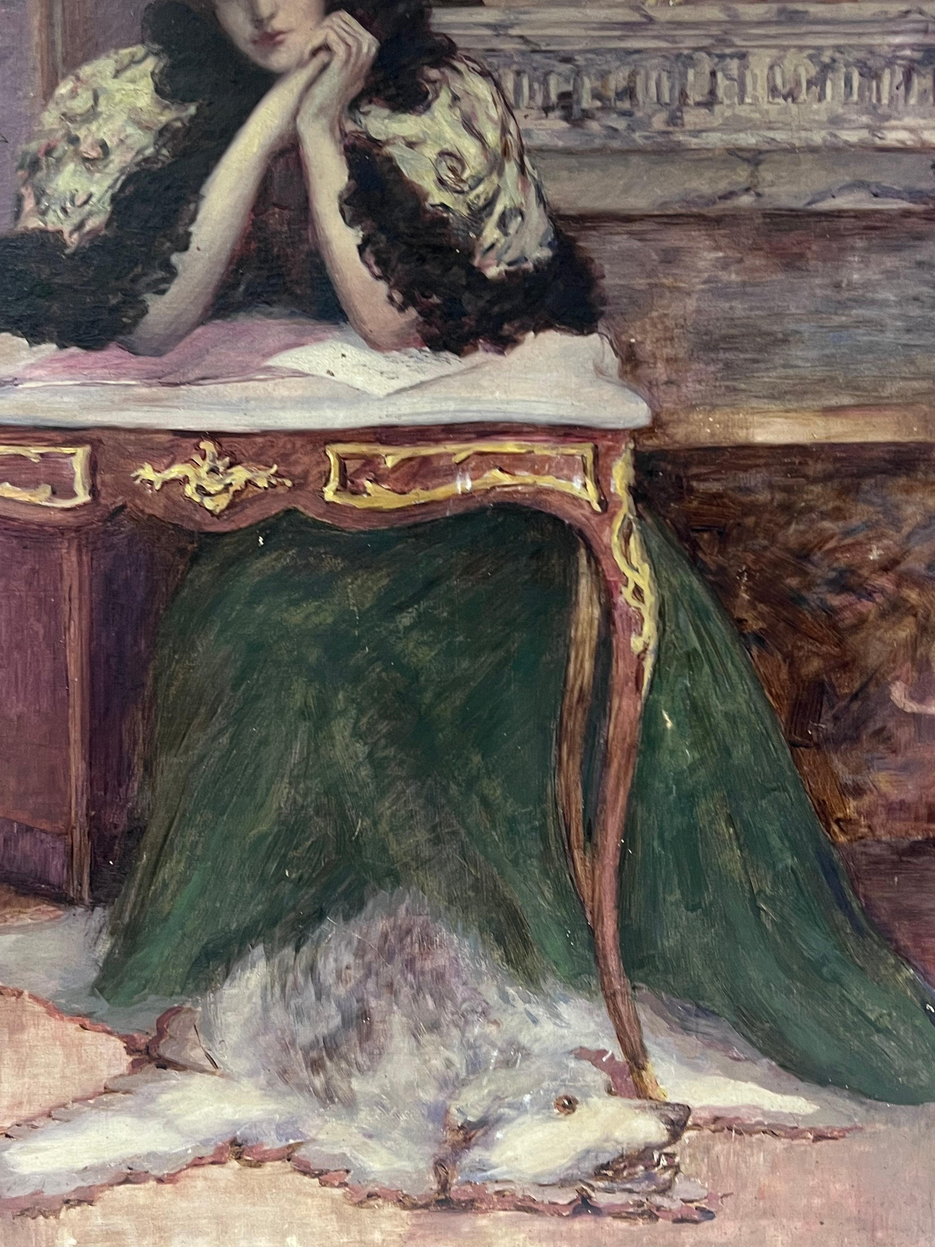 Muy Fino Retrato de Dama en Interior de la Época de la French Belle Epoque del Siglo XIX - Interior Painting Gris de French School