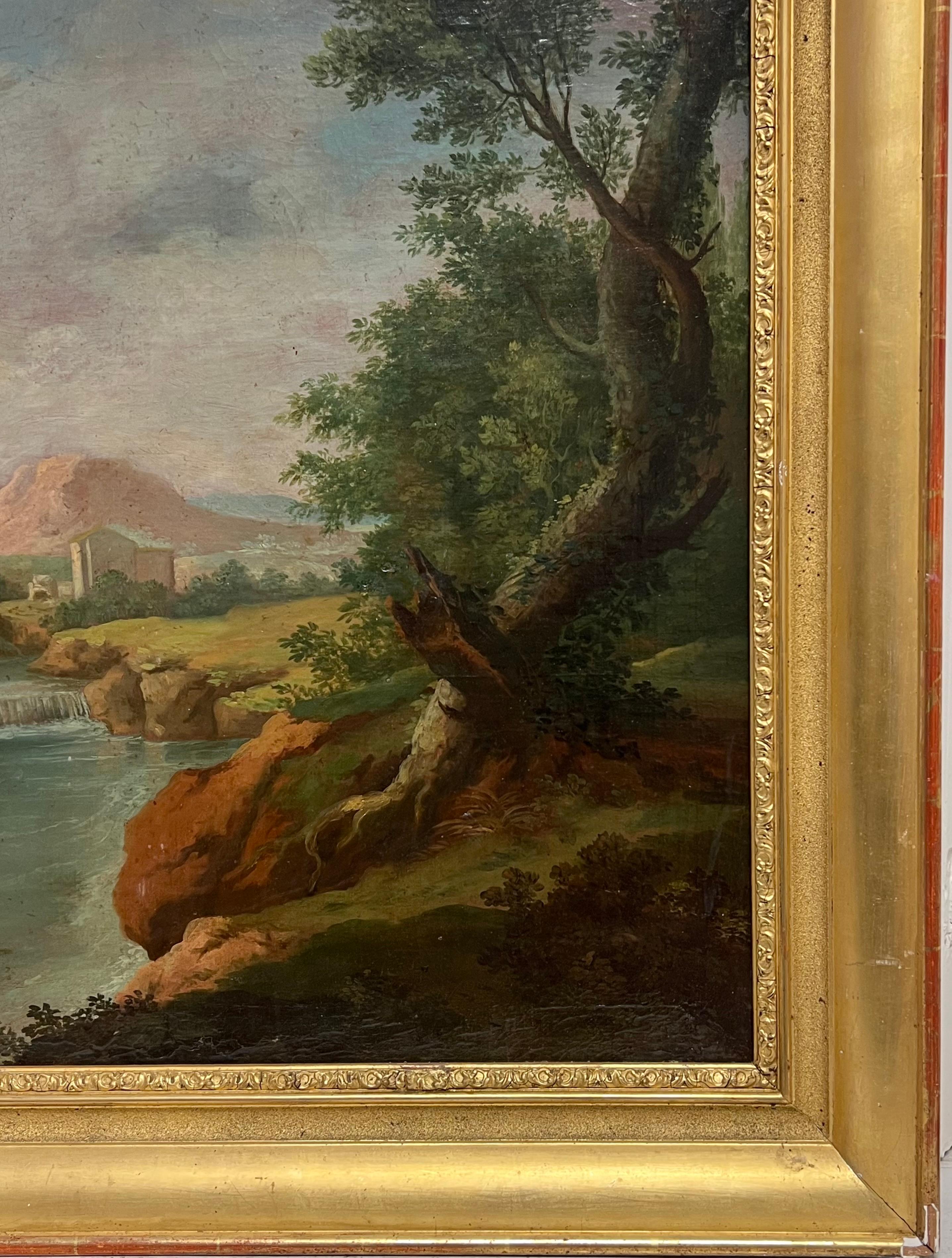 Figura muy grande de paisaje clásico romántico francés del siglo XVIII en vista romana - Landscape Painting Marrón de French School