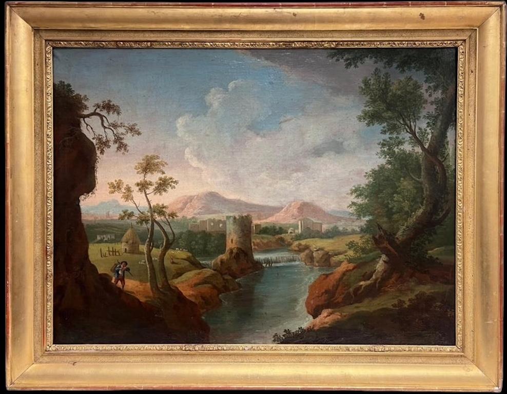 Landscape Painting de French School - Figura muy grande de paisaje clásico romántico francés del siglo XVIII en vista romana