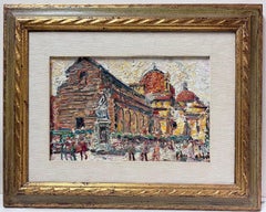 Very Thickly Painted French Mid Century Oil Painting Busy European City Figures