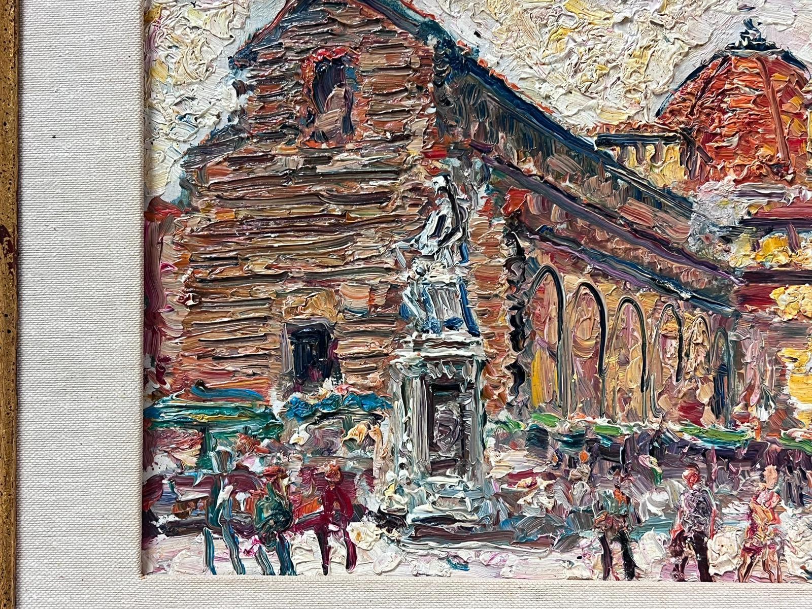 Very Thickly Painted French Mid Century Oil Painting Busy European City Figures For Sale 1