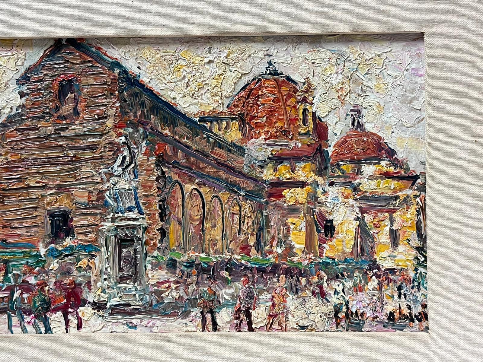 Very Thickly Painted French Mid Century Oil Painting Busy European City Figures For Sale 2