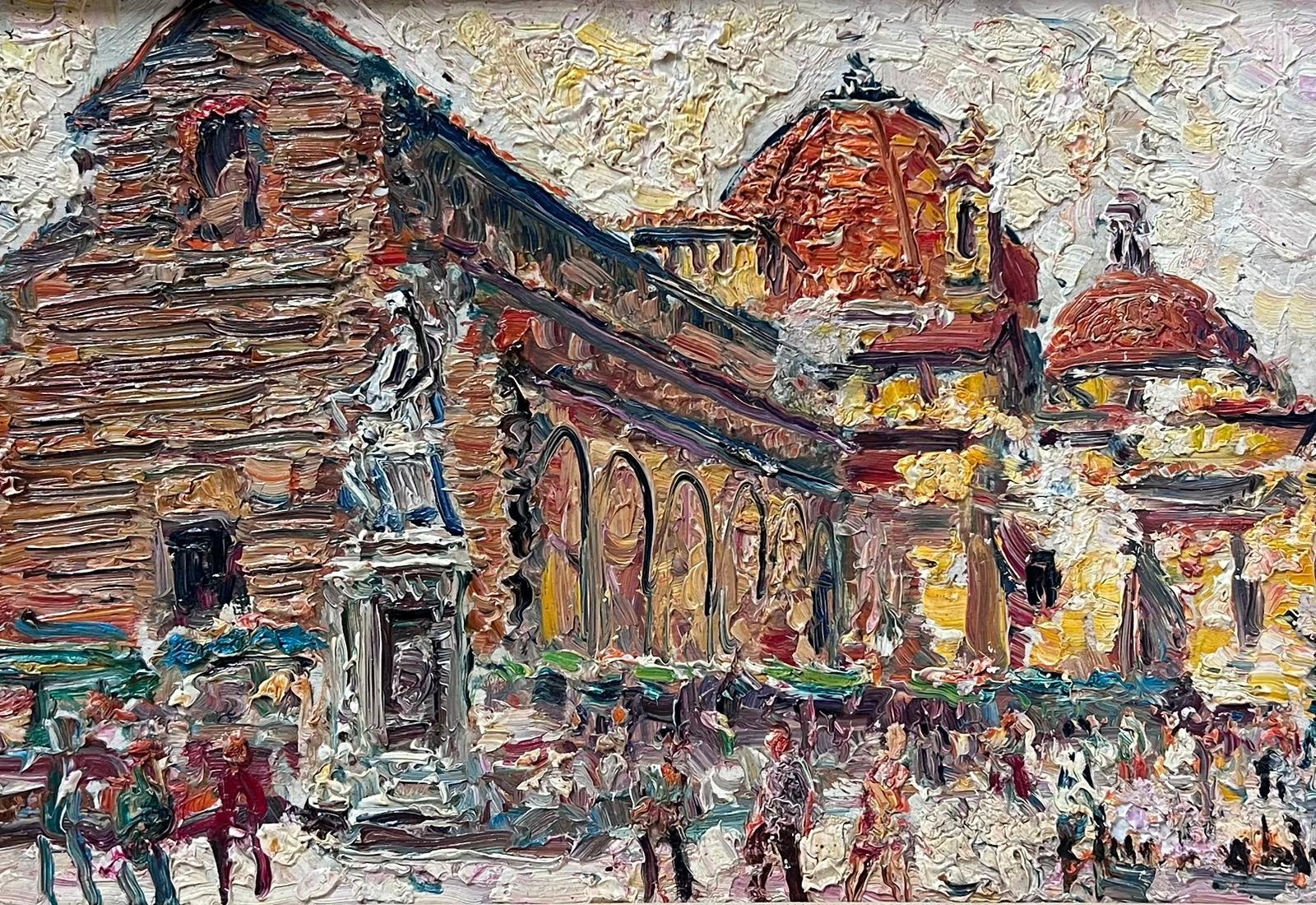 French School Figurative Painting - Very Thickly Painted French Mid Century Oil Painting Busy European City Figures