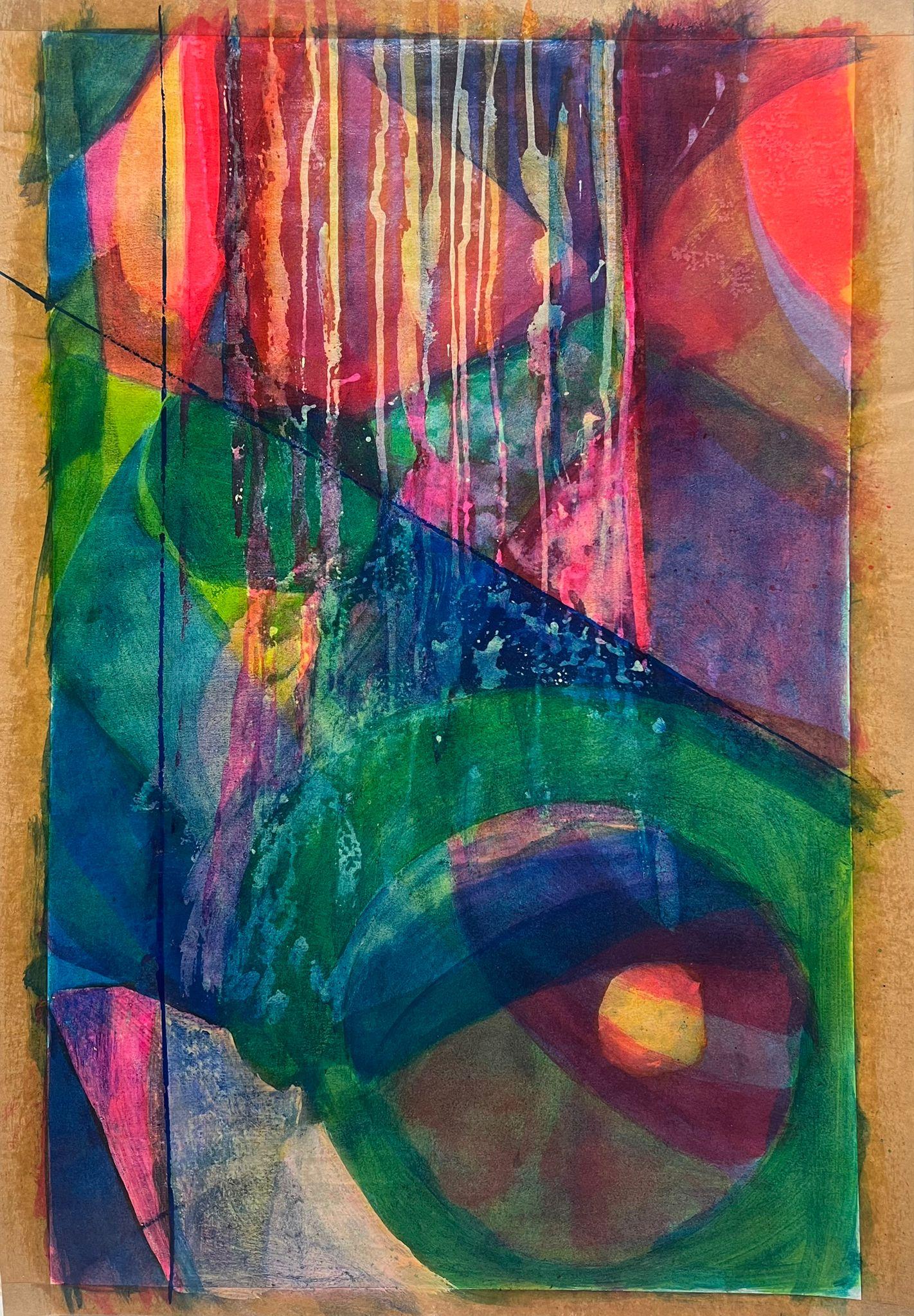 Abstract Painting di French School - Pittura astratta vibrante con colori riccamente stratificati e forme geometriche audaci