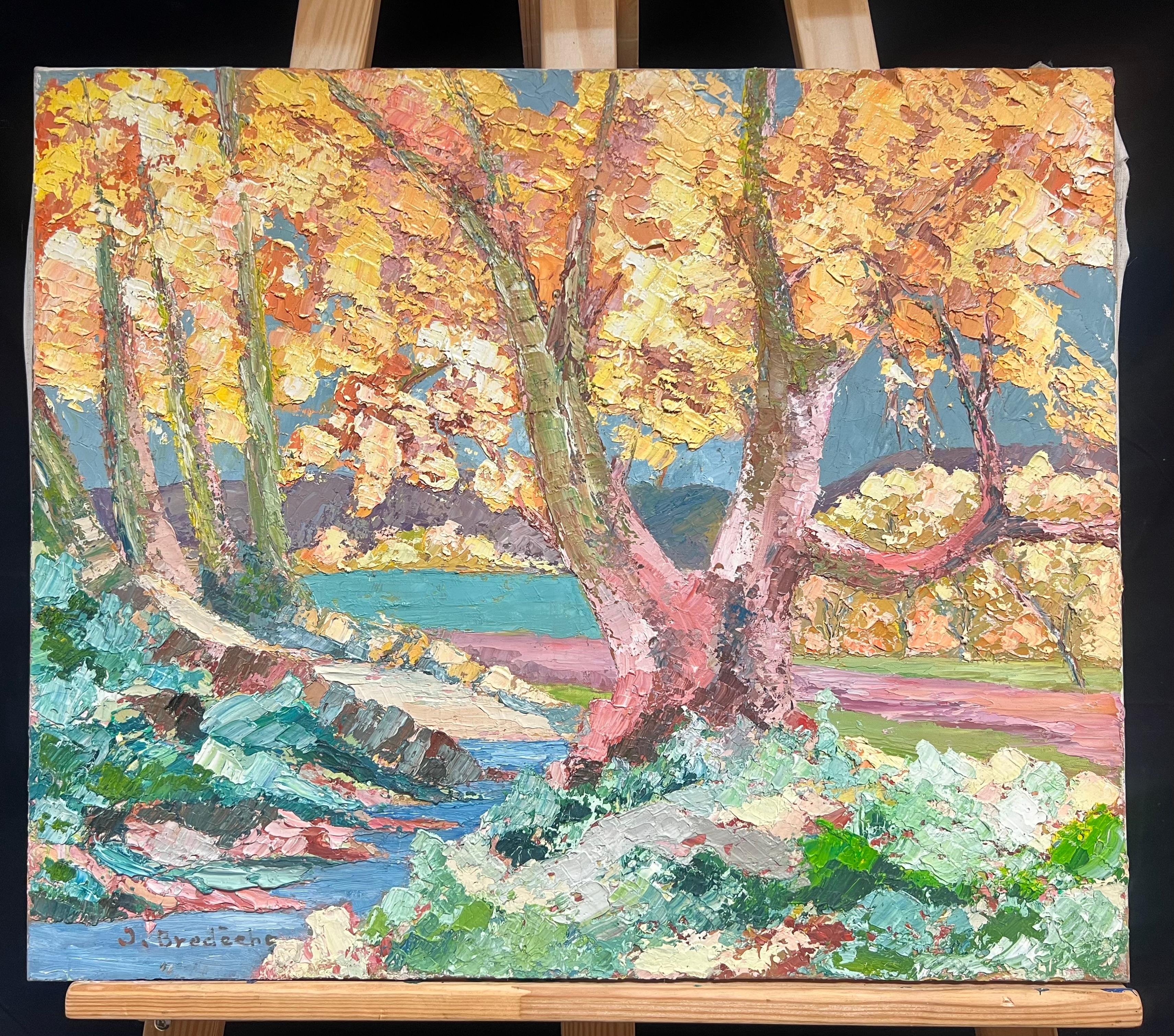 Vibrant Autumn Landscape 1970's French Post-Impressionist Thick Impasto Oil - Painting by French School