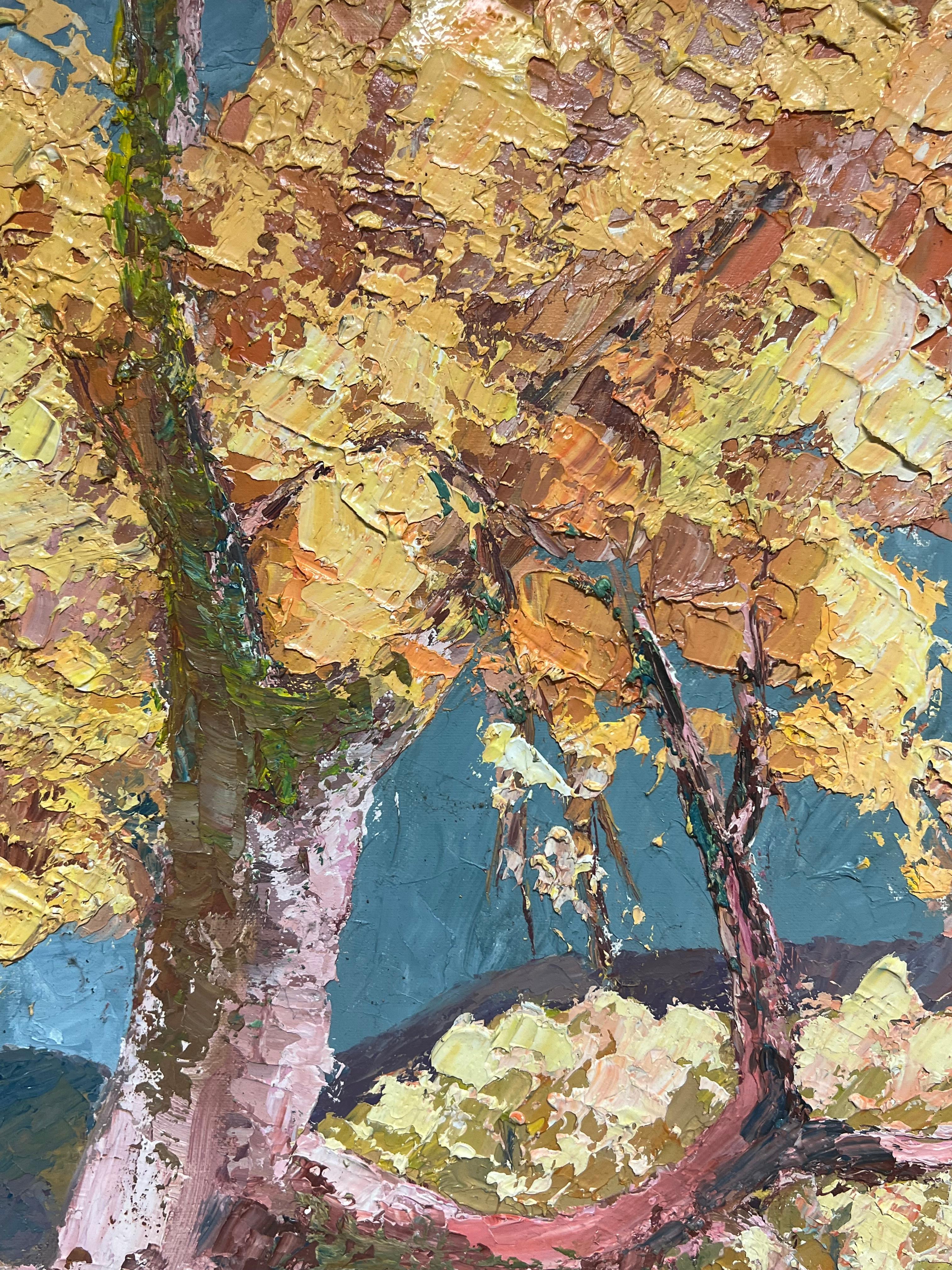 Vibrant Autumn Landscape 1970's French Post-Impressionist Thick Impasto Oil - Beige Abstract Painting by French School