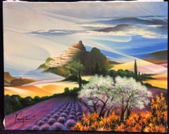 Vibrant French Fantasy Landscape with Lavender Fields and Hilltop Village