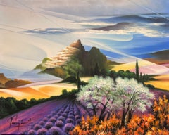 Lebendige französische Fantasielandschaft mit Lavendelfeldern und Hüttendorf