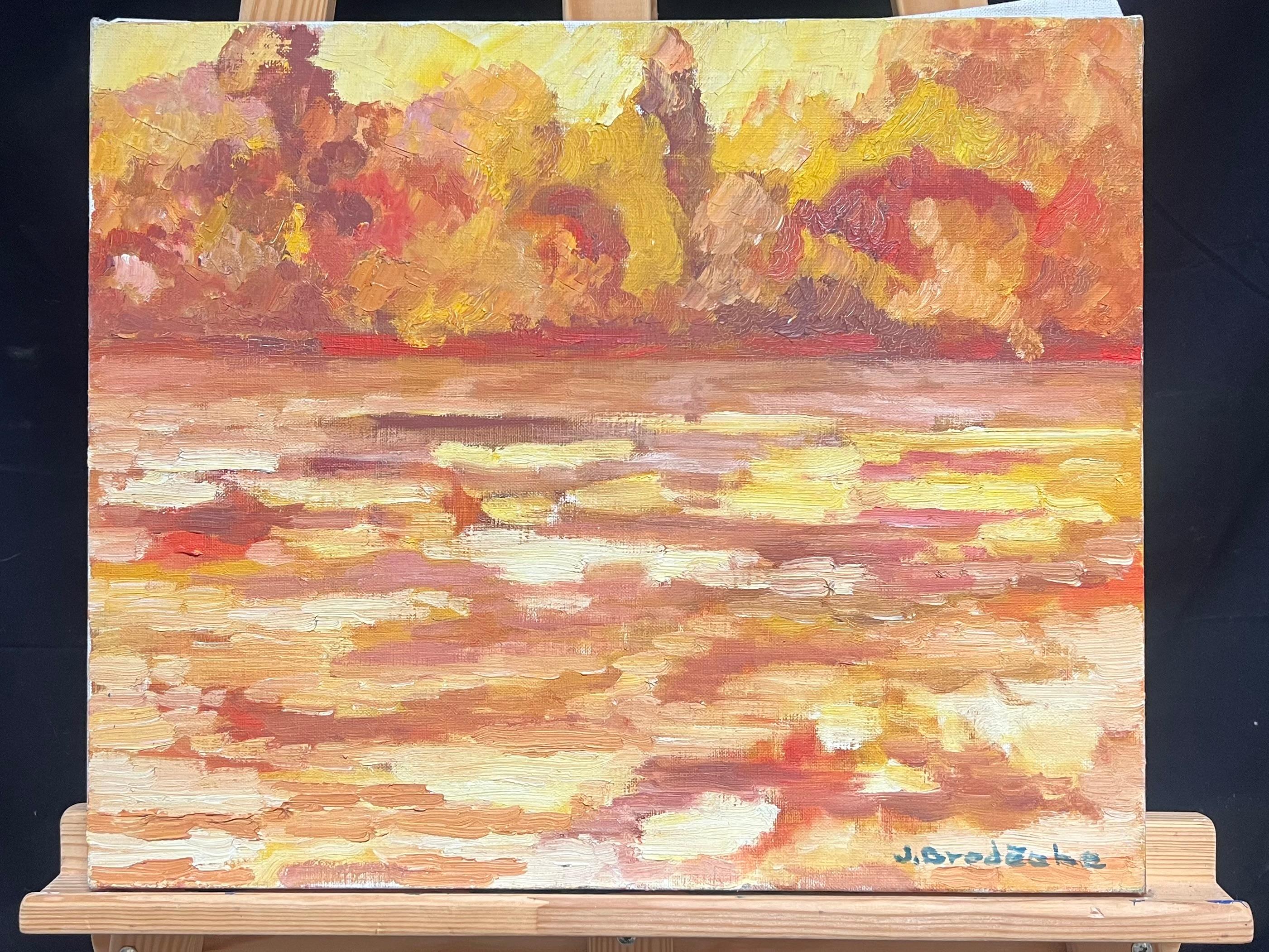 Lebendiger Sonnenuntergang über Wasser Rot Orange Gelb Impressionist Ölgemälde 1970er Jahre – Painting von French School