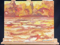 Vibrant Sunset Over Water Red Orange Yellow Impressionist Oil Painting 1970's