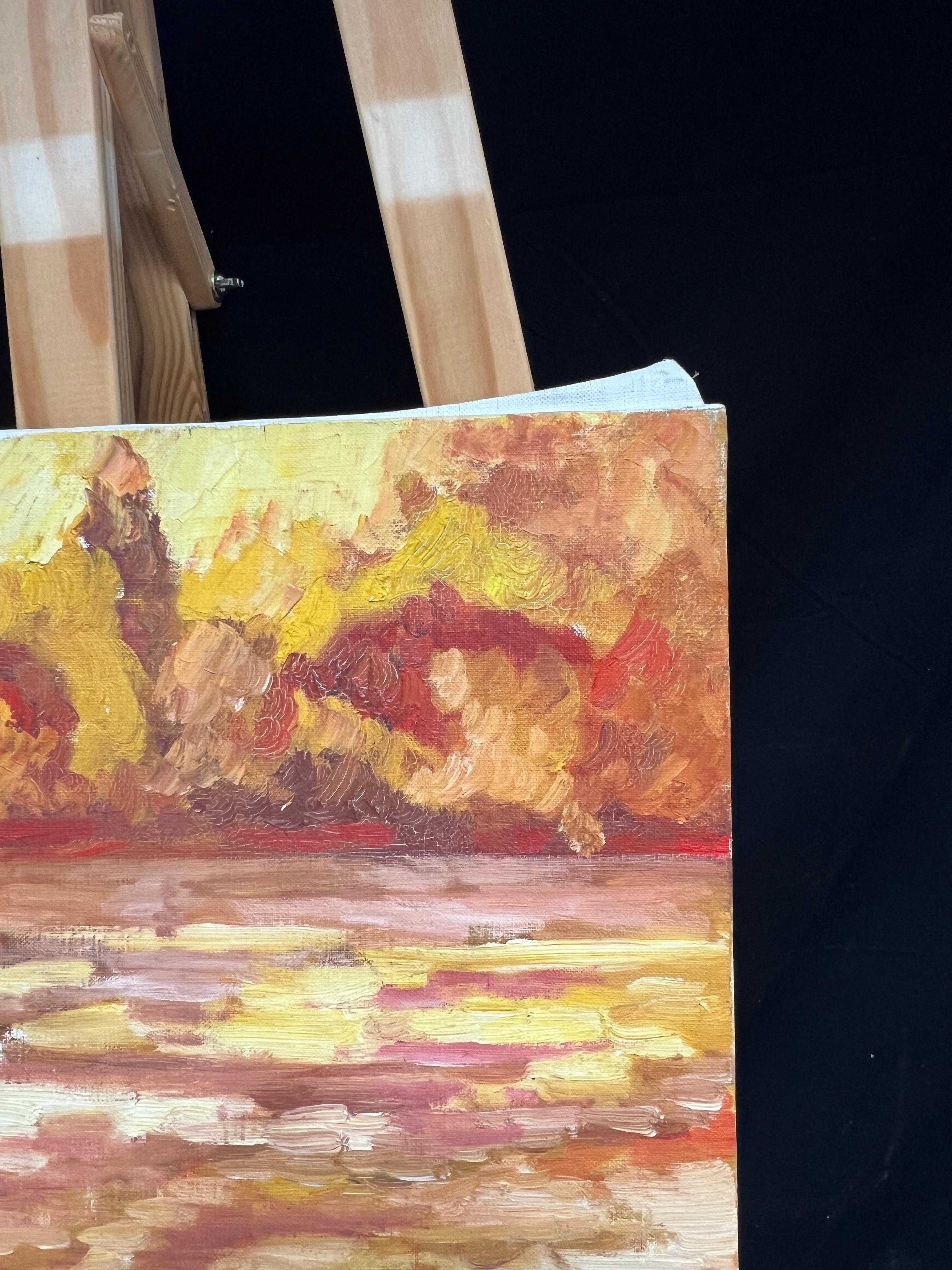 Lebendiger Sonnenuntergang über Wasser Rot Orange Gelb Impressionist Ölgemälde 1970er Jahre (Impressionismus), Painting, von French School